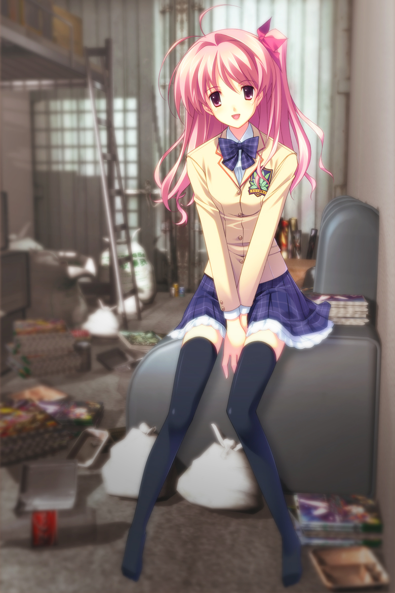 matsuo yukihiro, sakihata rimi, chaos;head, science adventure, messy, plaid neckwear, highres, 00s, 1girl, antenna hair, black thighhighs, bow, bowtie, female focus, hair ribbon, indoors, long hair, one side up, pink eyes, pink hair, plaid bow, plaid bowtie, plaid clothes, plaid skirt, ribbon, school uniform, serafuku, sitting, skirt, solo, thighhighs, zettai ryouiki