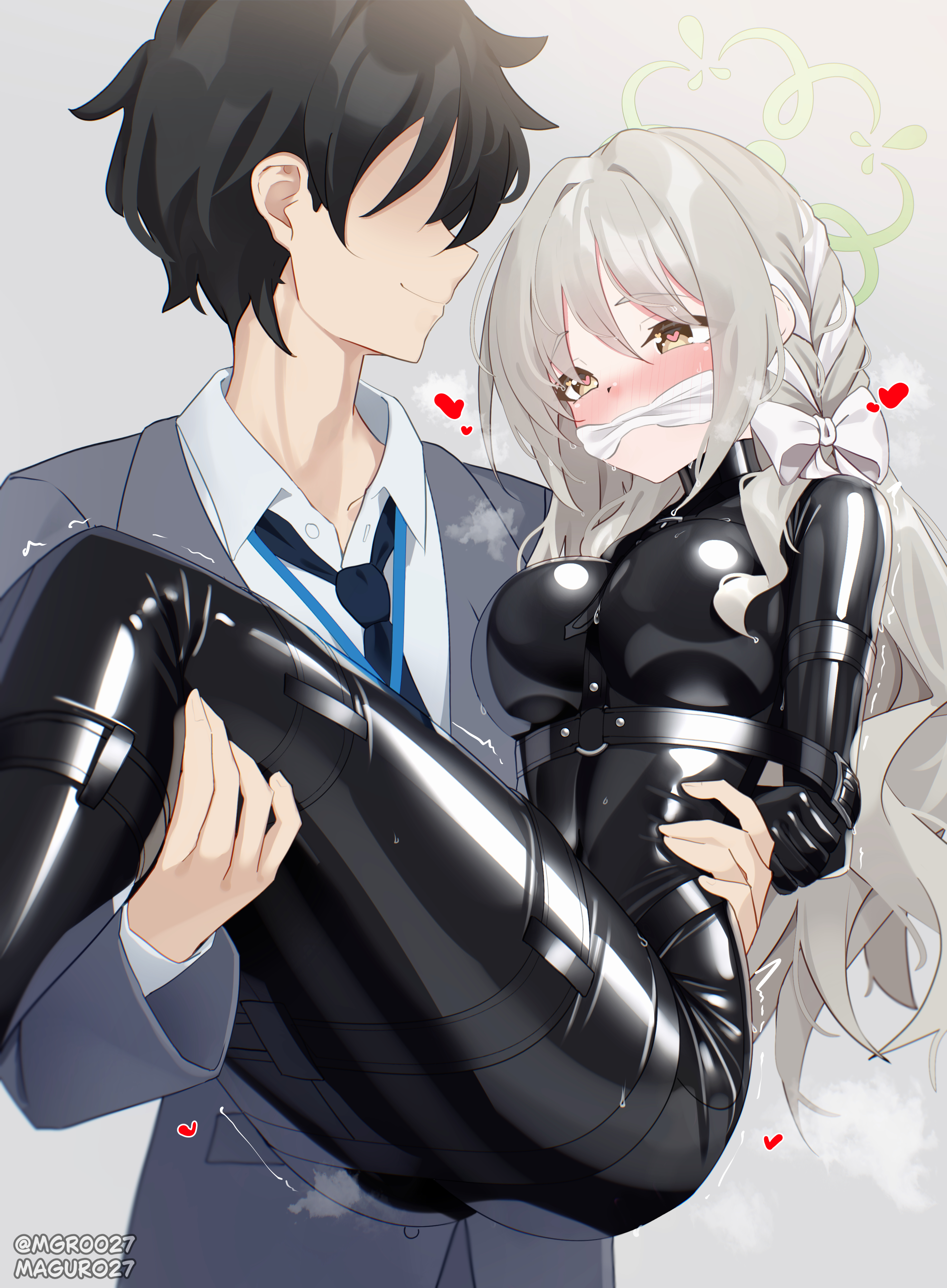 maguro27, miyo (blue archive), sensei (blue archive), blue archive, absurdres, highres, arms behind back, black hair, blazer, blonde hair, blush, bodysuit, bound, bound arms, bound legs, breasts, brown eyes, cleave gag, cloth gag, gag, gagged, grey background, halo, heart, heart-shaped pupils, impossible bodysuit, impossible clothes, improvised gag, jacket, latex, latex bodysuit, long hair, looking at another, medium breasts, necktie, restrained, shirt, short hair, skin tight, symbol-shaped pupils, very long hair, white shirt