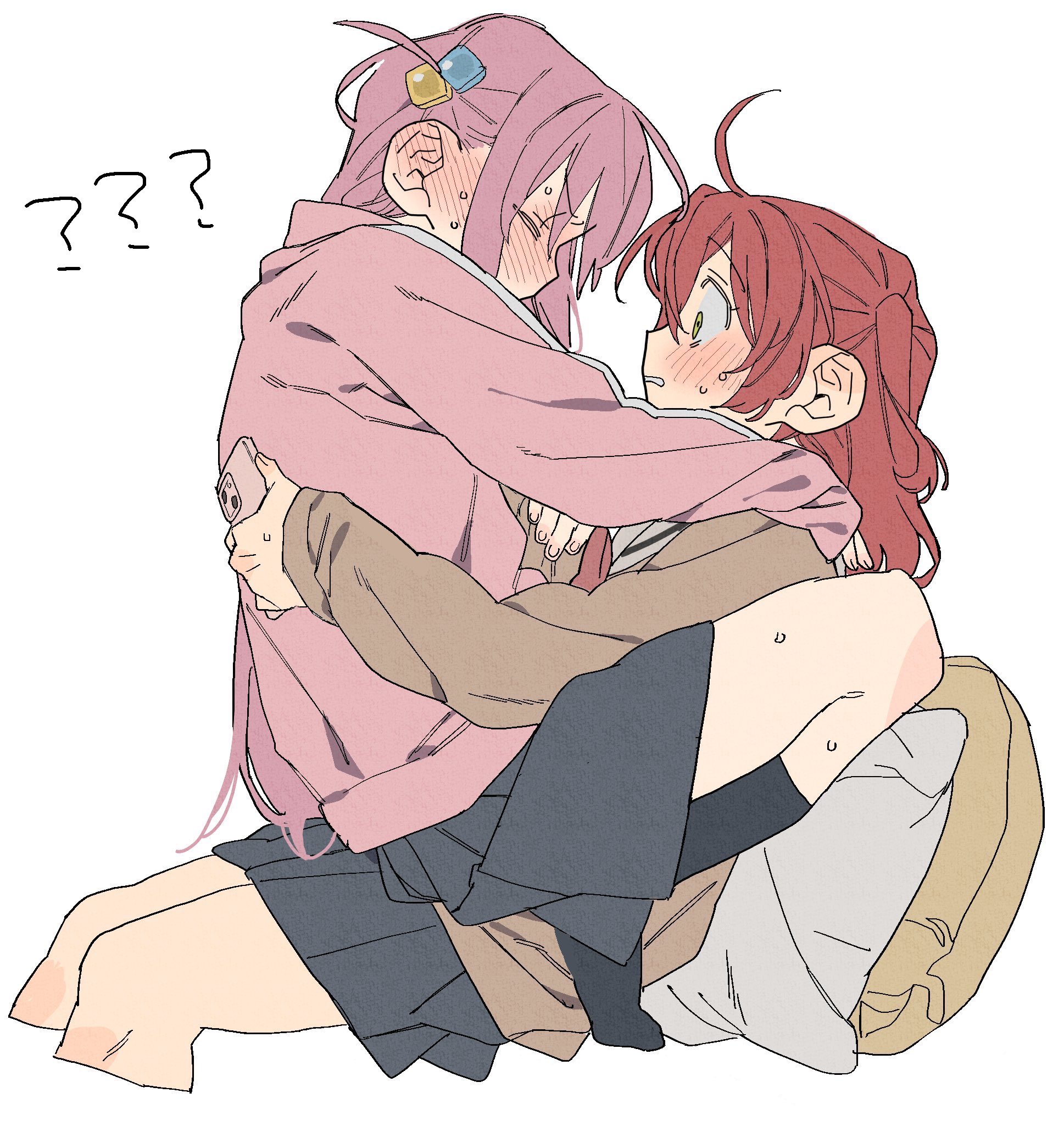 dayama, gotoh hitori, kita ikuyo, bocchi the rock!, highres, 2girls, ?, ??, blush, closed eyes, cube hair ornament, grabbing another's breast, green eyes, groping, guided breast grab, guiding hand, hair ornament, hand on another's back, hand on another's wrist, jacket, long hair, long sleeves, multiple girls, one side up, pink hair, pink jacket, red hair, school uniform, simple background, skirt, straddling, sweat, track jacket, upright straddle, white background, yuri