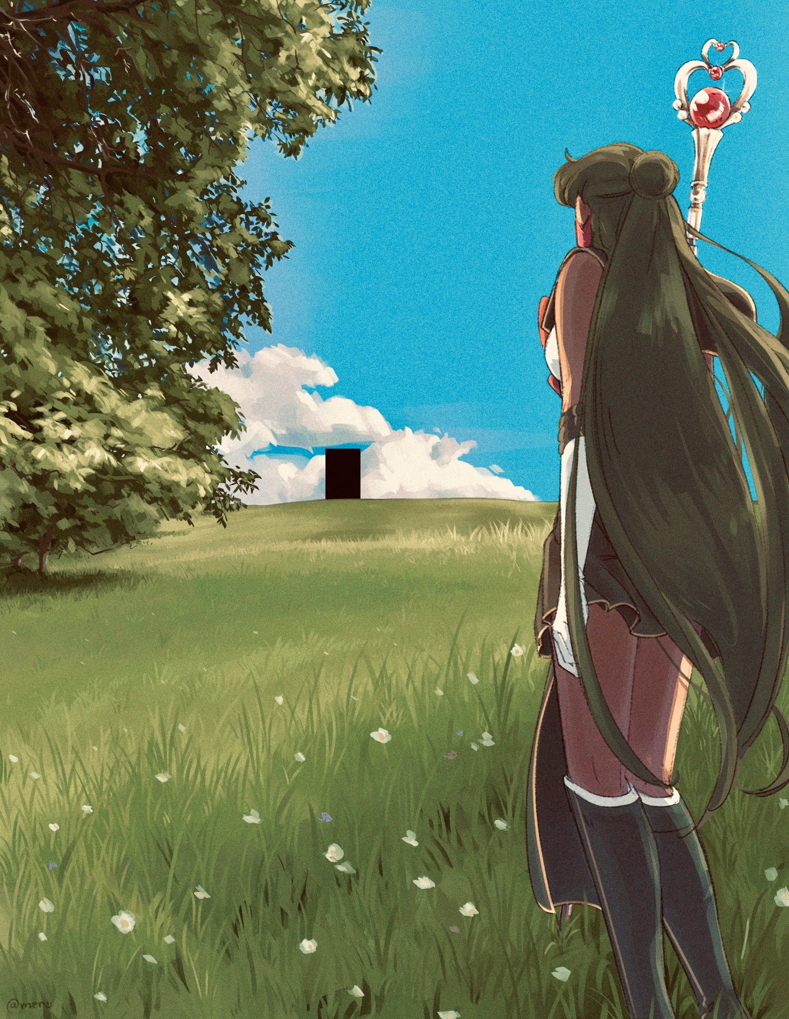 mercuri0ff, meiou setsuna, sailor pluto, bishoujo senshi sailor moon, highres, black boots, black sailor collar, black skirt, boots, bow, choker, dark-skinned female, dark skin, door, earrings, elbow gloves, from behind, garnet rod, gloves, grasslands, green hair, hair bun, jewelry, liminal space, long hair, magical girl, red bow, sailor collar, sailor senshi uniform, single hair bun, skirt, tree, white gloves