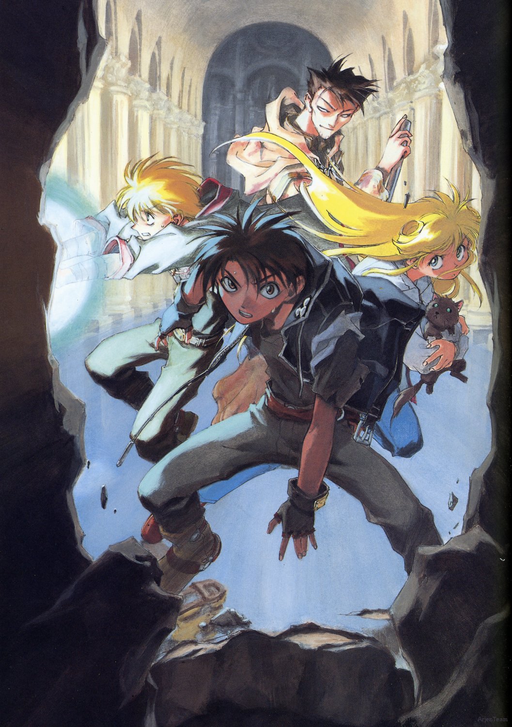 kusaka yuuya, cleo everlastin, leki, majic lin, orphen, sarua solude, majutsushi orphen, highres, scan, 1girl, 3boys, black hair, blonde hair, fingerless gloves, gloves, headband, long hair, multiple boys