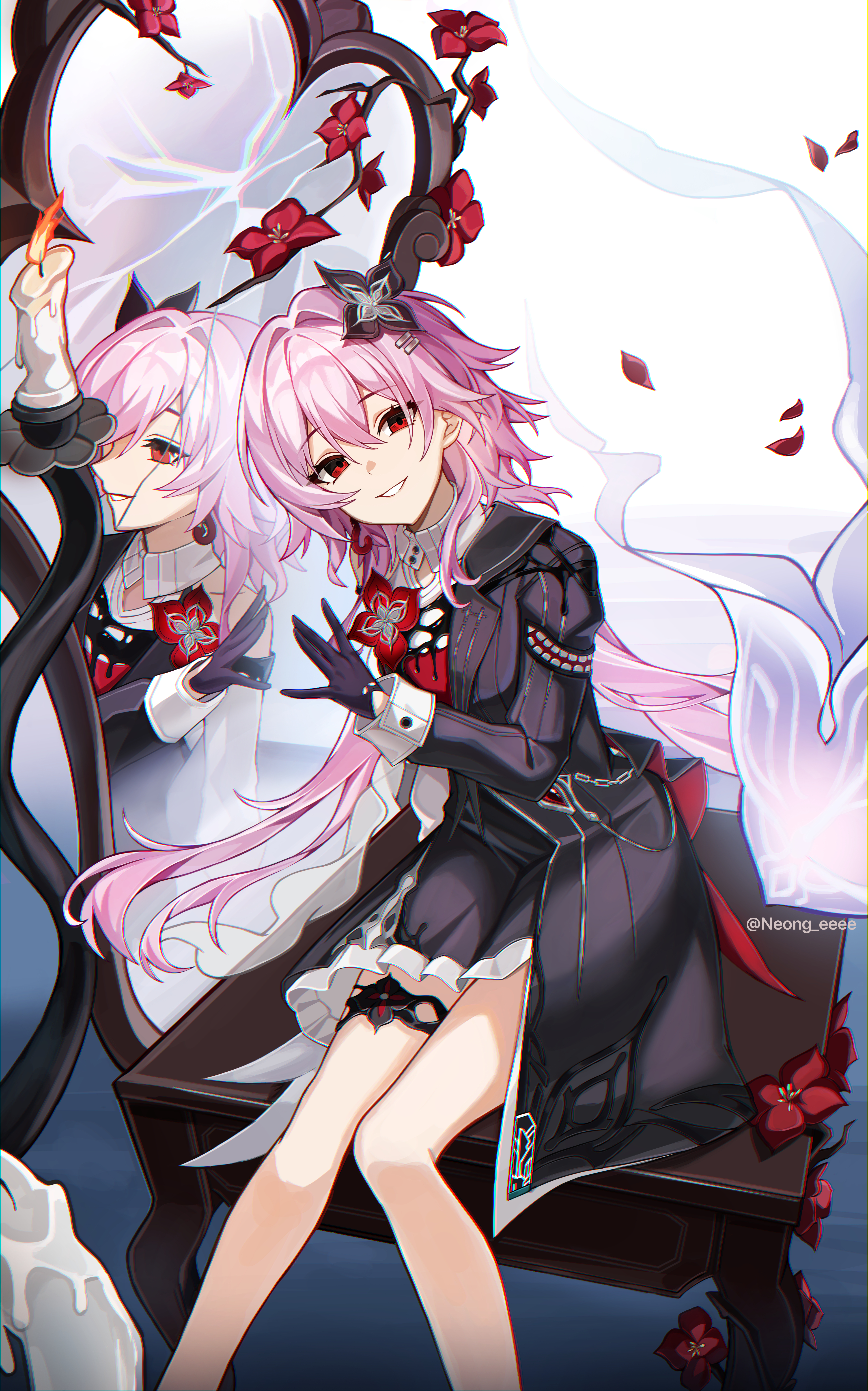 neong (neong eeee), evernight (honkai: star rail), march 7th (honkai: star rail), honkai: star rail, honkai (series), absurdres, highres, 1girl, black dress, black flower, black gloves, candle, dress, flower, gloves, half-jacket, looking at viewer, mirror, official alternate eye color, pink hair, red eyes, smile, solo