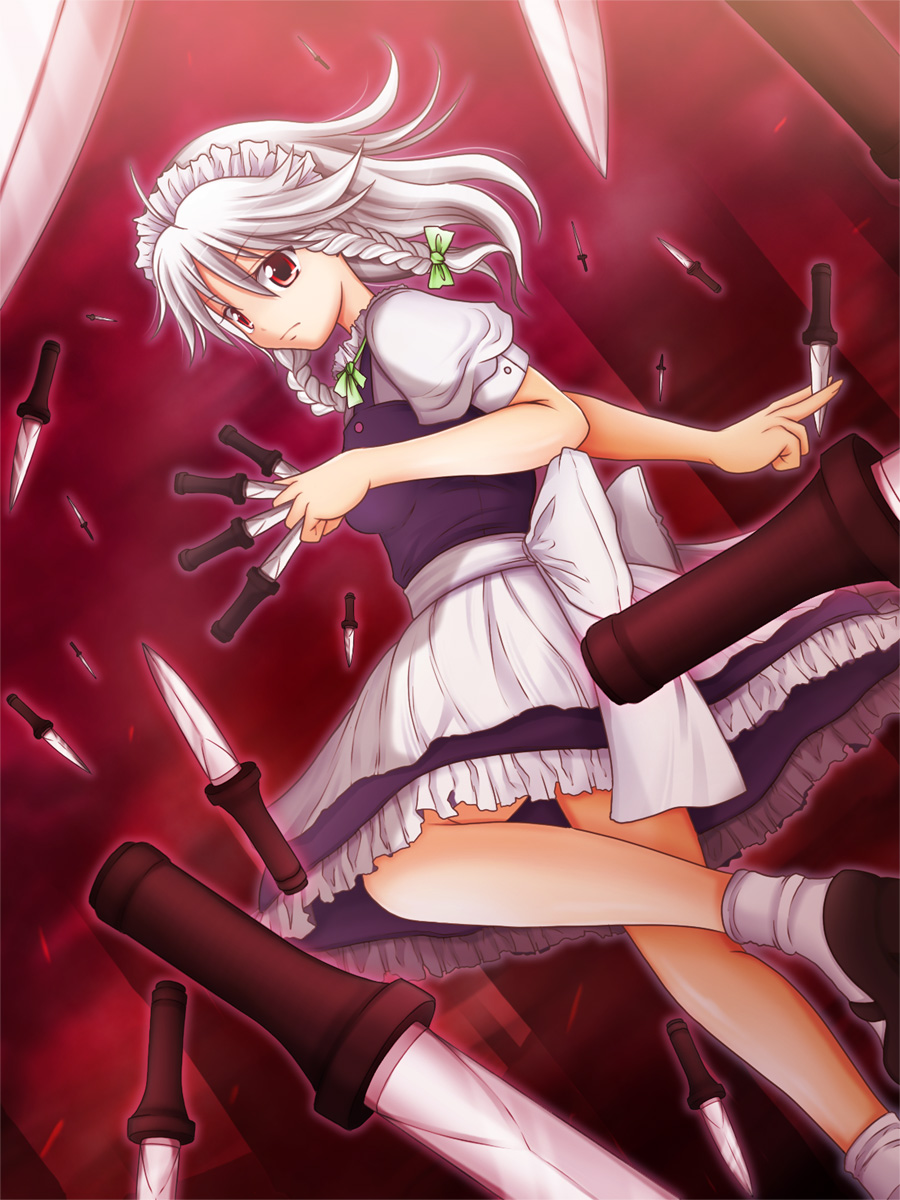 mazakura senju, izayoi sakuya, touhou, silver hair, bad id, bad pixiv id, highres, 1girl, between fingers, braid, female focus, holding, red background, short hair, socks, solo, twin braids, white socks