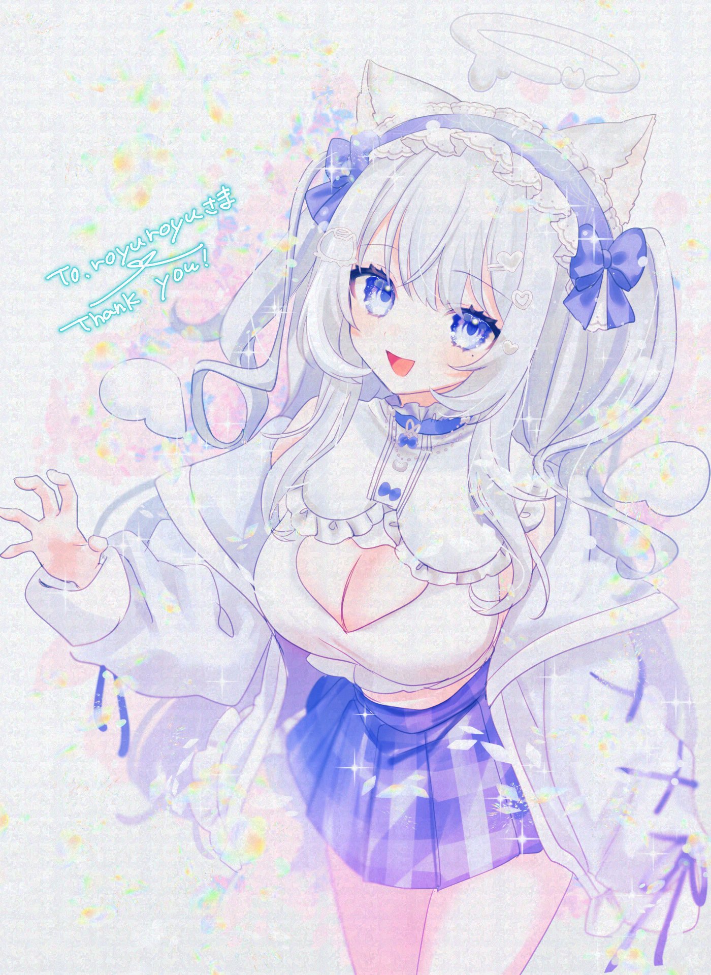 mr ayarabbit, indie virtual youtuber, highres, second-party source, 1girl, animal ears, blue choker, blue eyes, breasts, cat ears, choker, cleavage, cleavage cutout, clothing cutout, cowboy shot, crop top, frilled shirt collar, frills, halo, headdress, heart cutout, jacket, large breasts, long hair, long sleeves, looking at viewer, midriff, miniskirt, mole, mole under eye, nekone uyu, off shoulder, open clothes, open jacket, open mouth, plaid clothes, plaid skirt, pleated skirt, purple skirt, shirt, skirt, sleeveless, sleeveless shirt, smile, solo, two side up, virtual youtuber, white hair, white jacket, white shirt