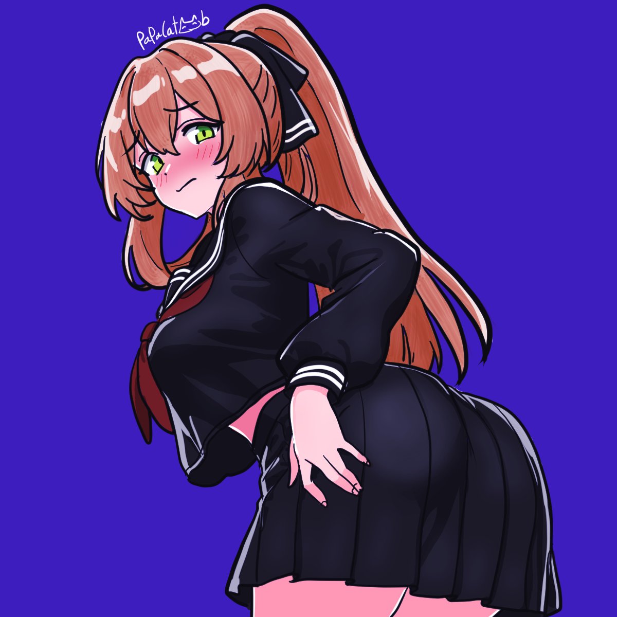 papacat, springfield (girls' frontline), springfield (girls' frontline 2), girls' frontline, girls' frontline 2: exilium, highres, 1girl, ass, black serafuku, blue background, blush, brown hair, green eyes, long hair, looking at viewer, neckerchief, pleated skirt, red neckerchief, school uniform, serafuku, skirt, solo