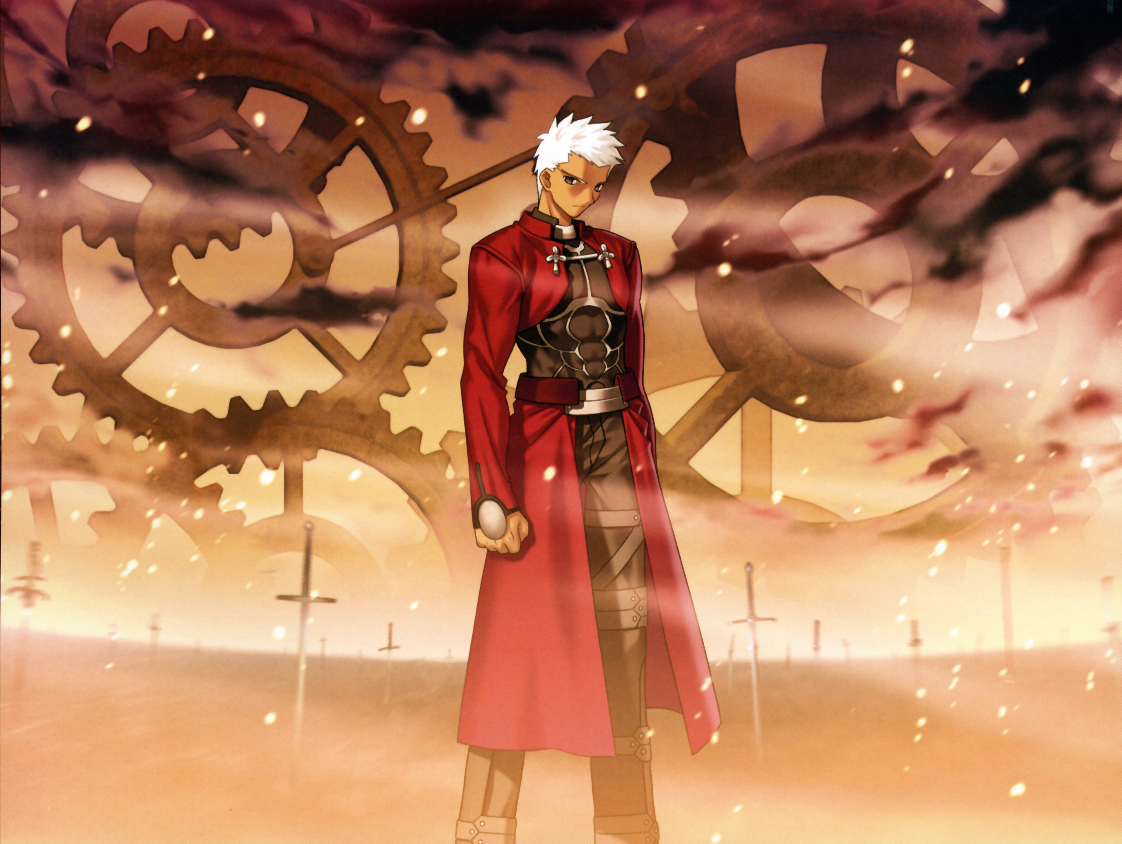 takeuchi takashi, archer (fate), fate/stay night, fate (series), absurdres, highres, scan, 00s, 1boy, dark-skinned male, dark skin, male focus, manly, solo, unlimited blade works (reality marble), white hair