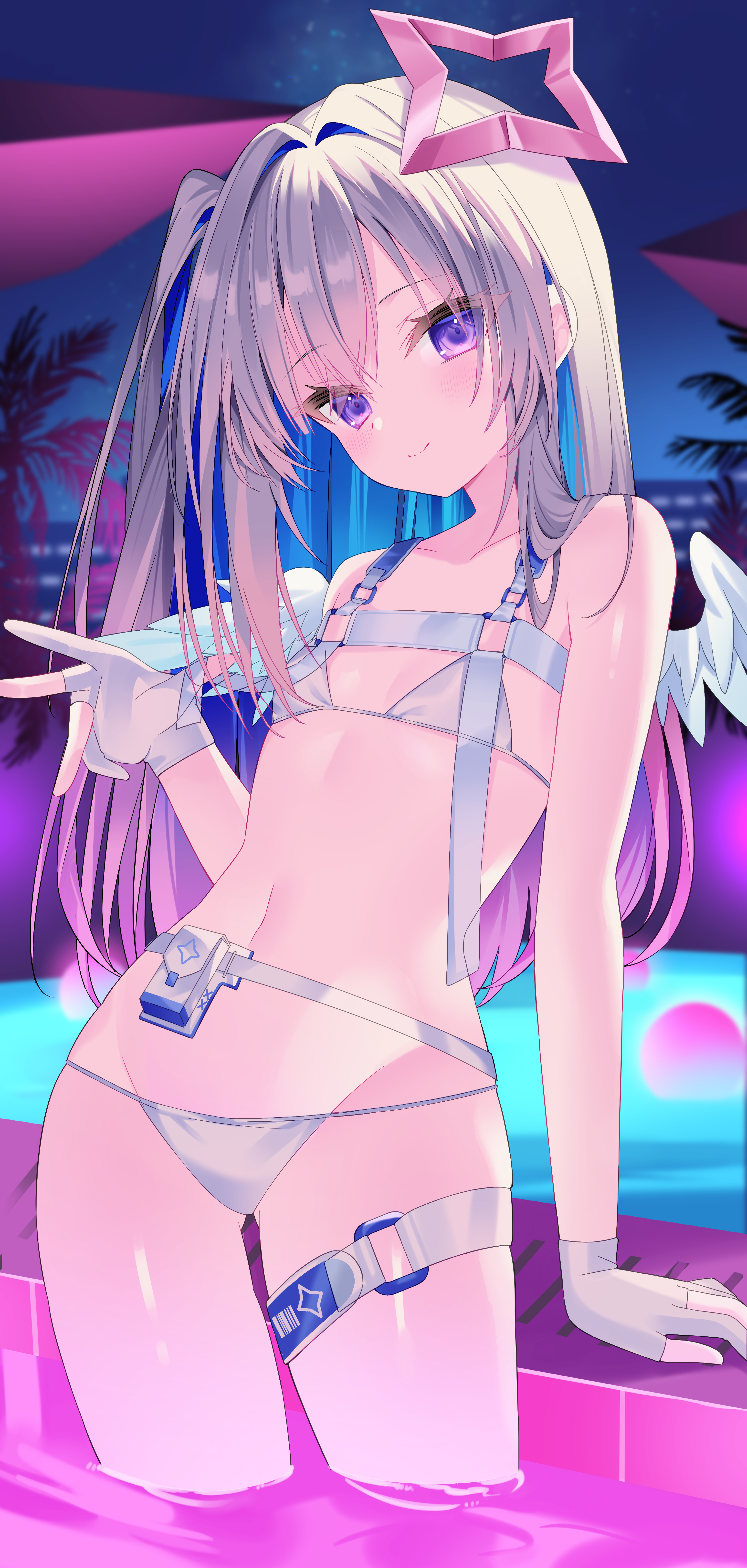 ureinnn, amane kanata, hololive, absurdres, commentary, english commentary, highres, 1girl, angel wings, belt pouch, bikini, blue hair, chest harness, colored inner hair, feathered wings, flat chest, gloves, grey hair, halo, hand up, harness, light smile, long hair, looking at viewer, mini wings, multicolored hair, navel, night, o-ring, o-ring thigh strap, one side up, partially fingerless gloves, pink hair, pool, pouch, purple eyes, solo, star halo, stomach, streaked hair, swimsuit, thigh strap, virtual youtuber, wading, white bikini, white gloves, white wings, wings