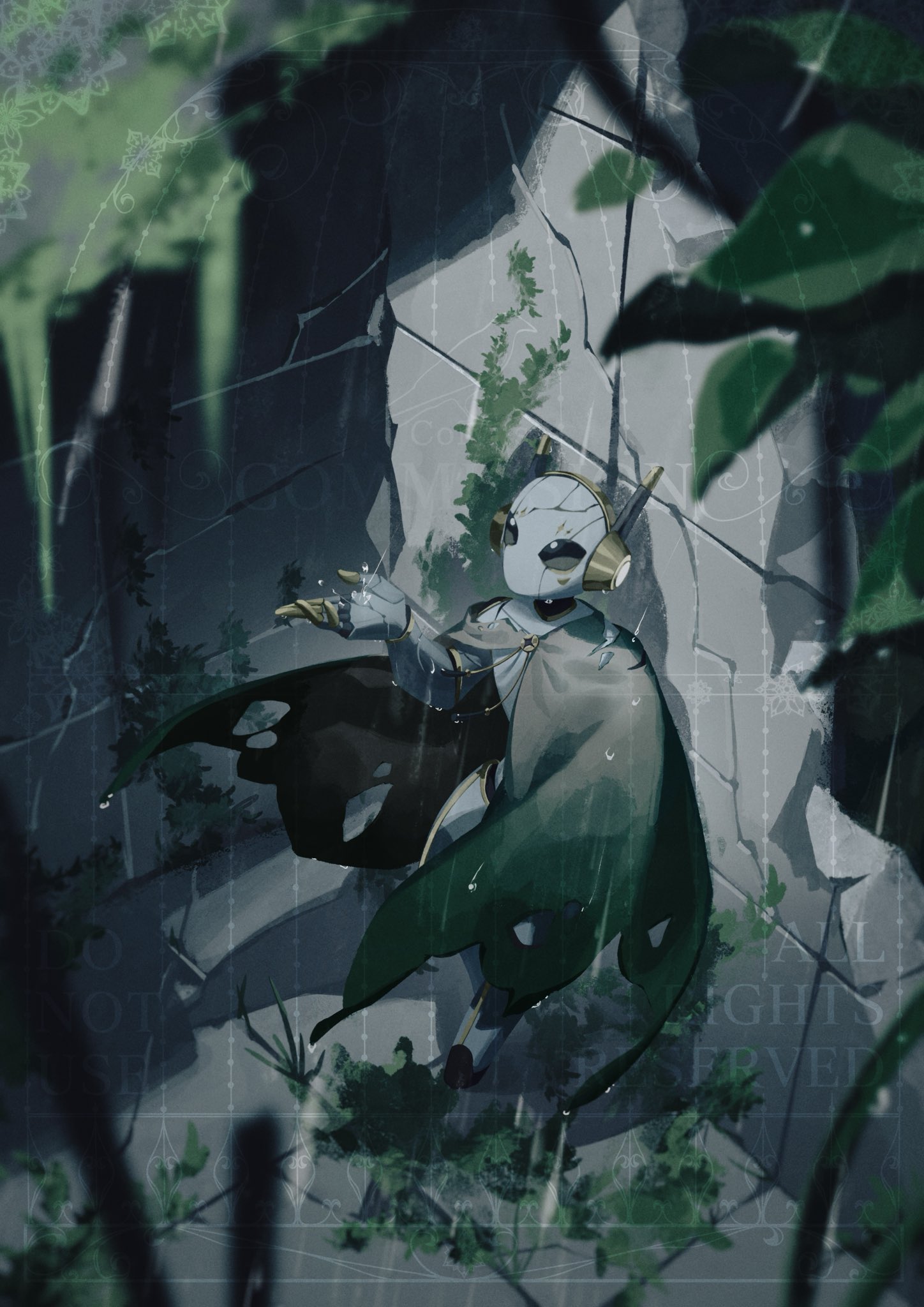 iterator (rain world), original, rain world, highres, cloak, corvus noctis, crack, cracked wall, day, from above, full body, humanoid robot, joints, no humans, no mouth, plant, rain, robot, robot ears, robot joints, standing, watermark