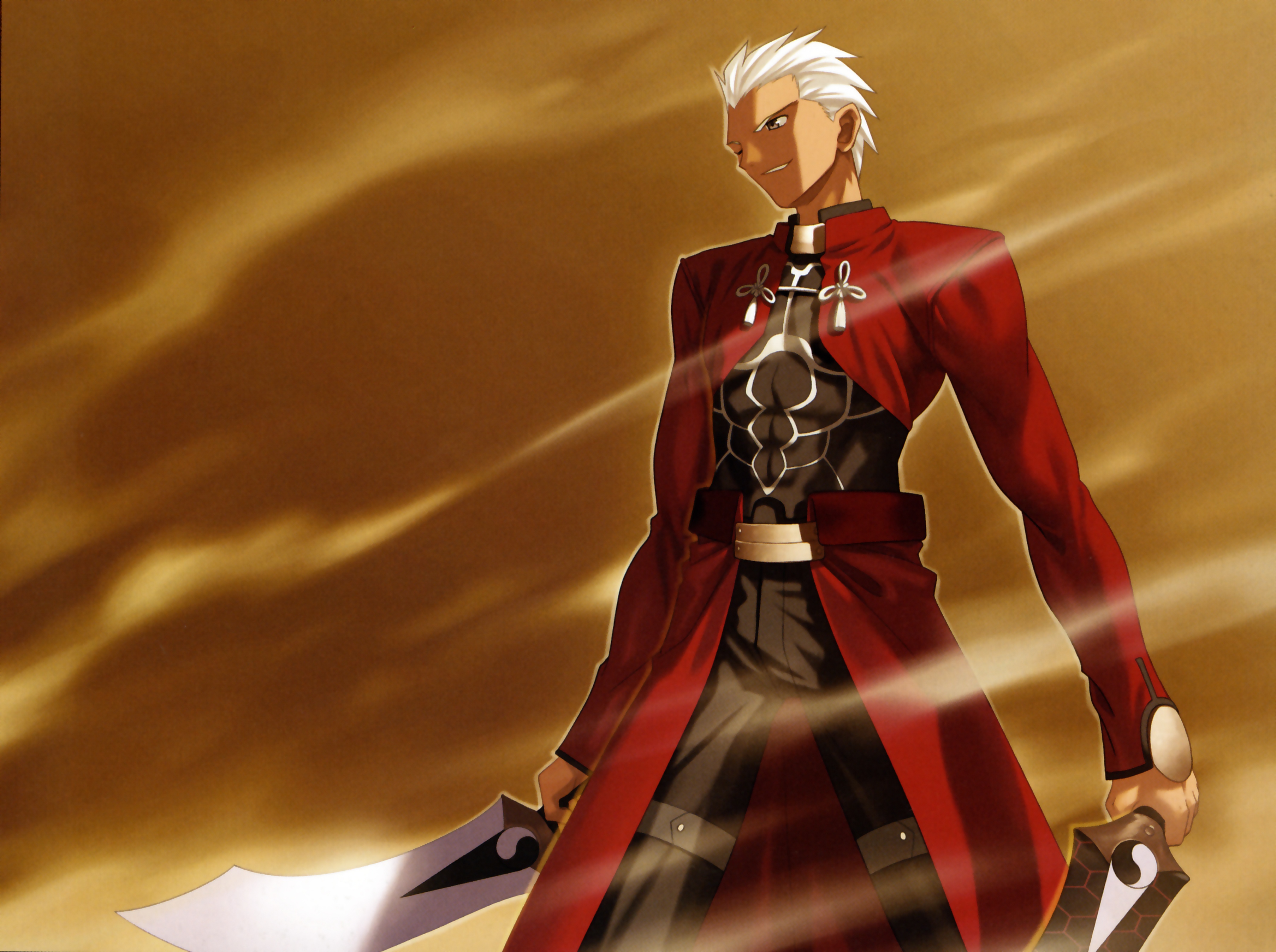 takeuchi takashi, archer (fate), fate/stay night, fate (series), absurdres, highres, scan, 00s, 1boy, dark-skinned male, dark skin, kanshou & bakuya (fate), male focus, one eye closed, short hair, solo, sword, weapon, white hair, wink