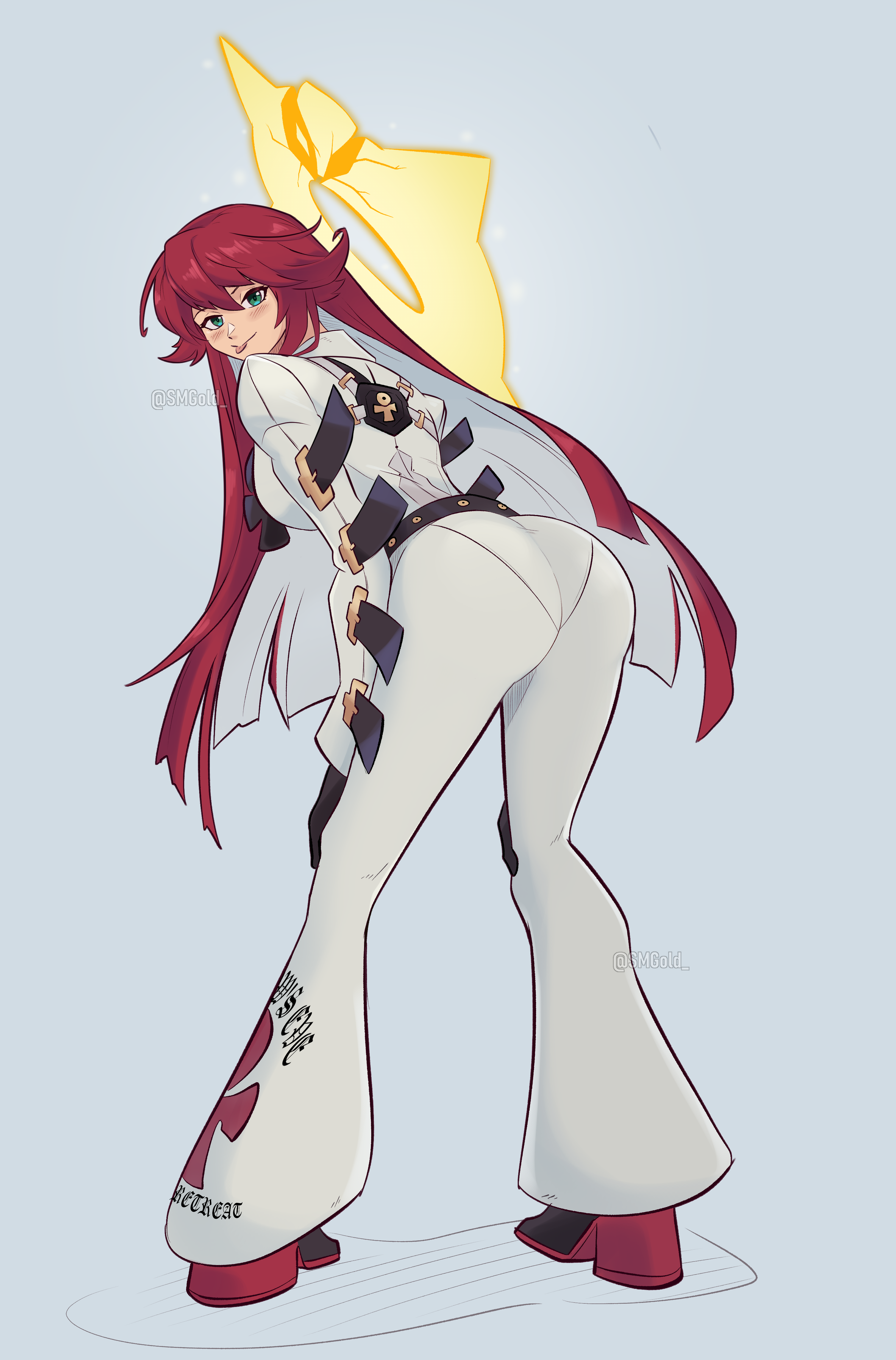 smgold, jack-o' valentine, guilty gear, guilty gear strive, absurdres, commentary, english commentary, highres, 1girl, ankh necklace, artist name, ass, back, bell-bottoms, belt, bent over, black gloves, blush, bodysuit, breasts, broken halo, colored inner hair, full body, gloves, green eyes, halo, large breasts, long hair, multicolored hair, pants, red hair, skull belt, solo, spiked halo, studded belt, tongue, tongue out, too many, too many belts, twitter username, very long hair, white bodysuit, white hair