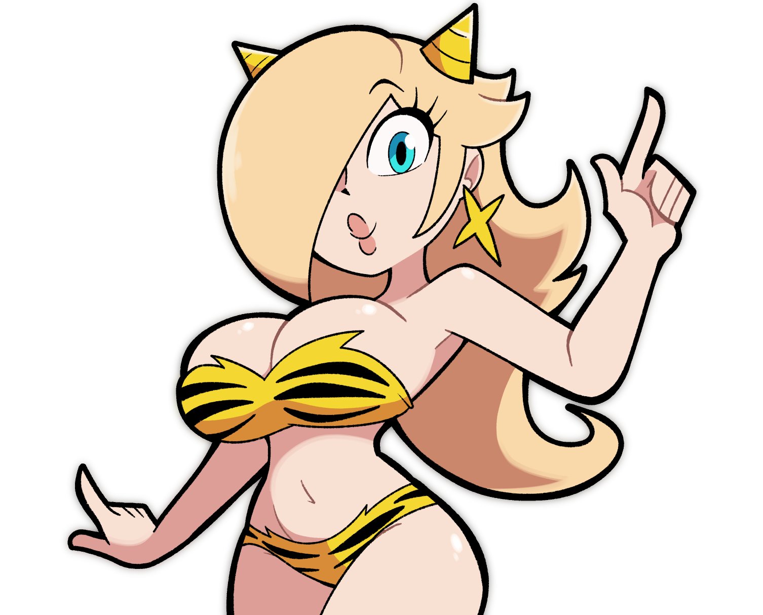 scott falco, lum, rosalina, mario (series), nintendo, super mario galaxy, urusei yatsura, commentary, english commentary, highres, 1girl, 2025, alternate breast size (larger), alternate costume, animal print, armpits, bare arms, bare legs, bare shoulders, bikini, black hair, blonde hair, blue eyes, breasts, cleavage, collarbone, cosplay, cowboy shot, crossover, expressionless, fake horns, fur bikini, groin, hair over one eye, horns, index finger raised, large breasts, legs, legs together, long hair, looking at viewer, lum (cosplay), midriff, navel, neck, pink lips, shiny skin, simple background, solo, standing, straight hair, strapless, strapless bikini, swimsuit, thick lips, tiger print, white background, yellow bikini, yellow horns
