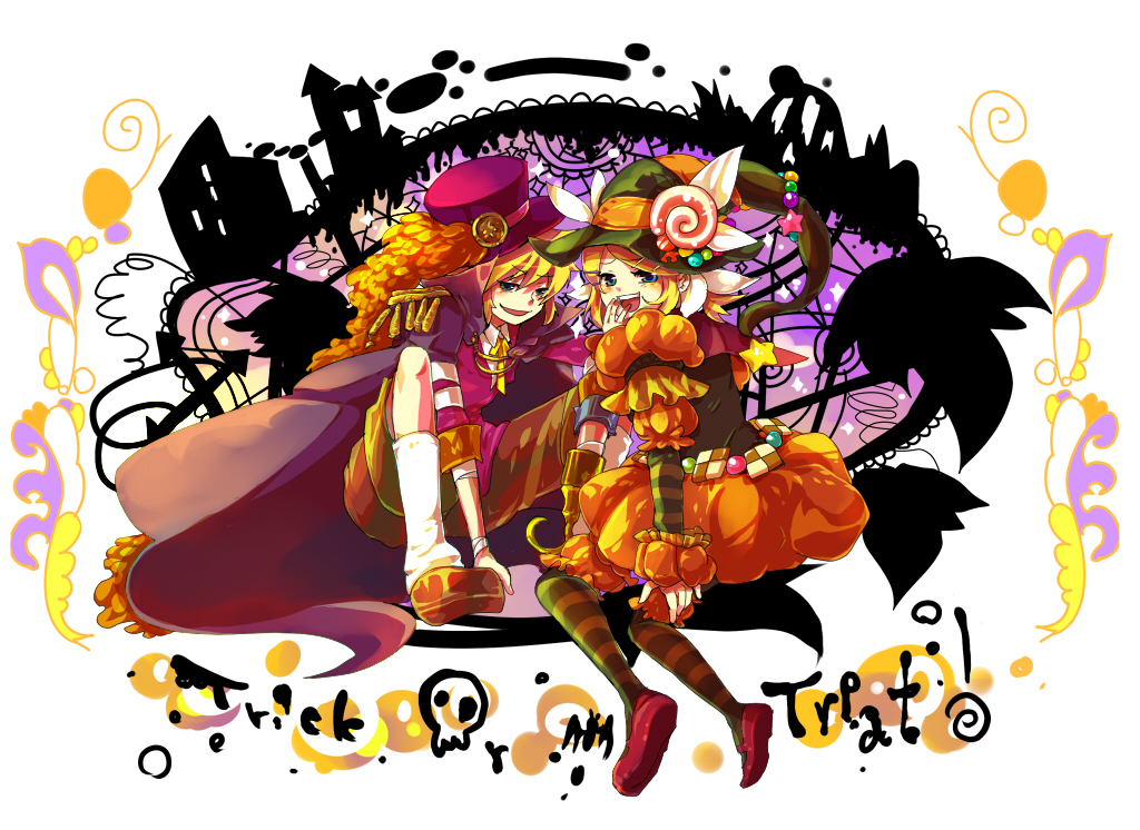 hashimochi, kagamine len, kagamine rin, trick and treat (vocaloid), vocaloid, 1boy, 1girl, brother and sister, bubble skirt, candy, checkerboard cookie, cookie, dress, food, halloween, orange dress, siblings, skirt, trick or treat, twins