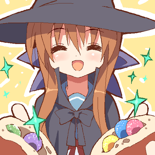 9law, furukawa sanae, nagato yuki, clannad, suzumiya haruhi no yuuutsu, bad id, bad pixiv id, lowres, ^ ^, bow, bread, brown hair, candy, closed eyes, cosplay, food, hat, nagato yuki (cosplay), oekaki, open mouth, ribbon, school uniform, serafuku, solo, witch hat
