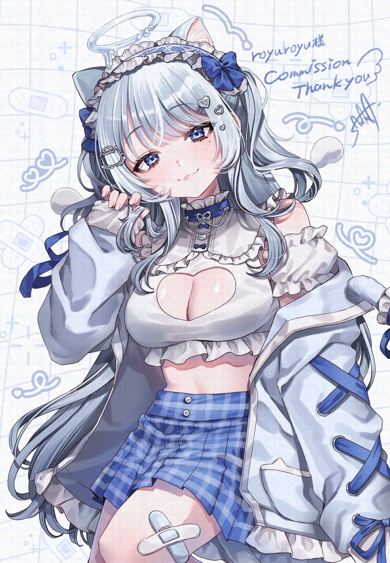 minaramuda, indie virtual youtuber, highres, second-party source, 1girl, :3, animal ears, bandaid, bare shoulders, blue choker, blue eyes, blue skirt, bow, breasts, cat ears, choker, cleavage, cleavage cutout, closed mouth, clothing cutout, crop top, detached sleeves, frilled shirt, frills, hair bow, hair ornament, hairclip, halo, hand up, headdress, heart cutout, high-waist skirt, jacket, large breasts, long hair, looking at viewer, midriff, miniskirt, mole, mole under eye, nekone uyu, off shoulder, one side up, open clothes, open jacket, plaid clothes, plaid skirt, pleated skirt, shirt, short sleeves, skirt, sleeveless, sleeveless shirt, smile, solo, very long hair, virtual youtuber, white hair, white jacket, white shirt