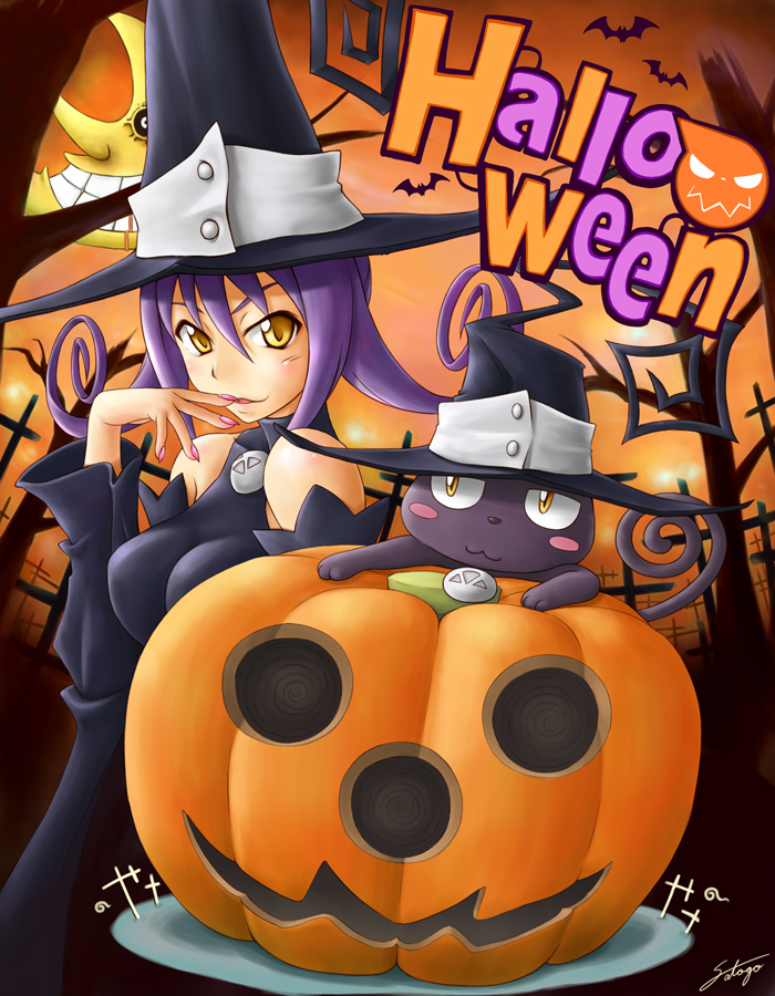 satogo, blair (cat) (soul eater), blair (soul eater), soul eater, bad id, bad pixiv id, 00s, 1girl, :3, animal, bat (animal), black cat, cat, cross, female focus, halloween, hat, jack-o'-lantern, nail polish, pink nails, pumpkin, purple hair, signature, solo, witch hat, yellow eyes