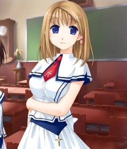 ginta, amanatsu, game cg, lowres, blue eyes, breasts, brown hair, classroom, large breasts, ootsu nami, school uniform