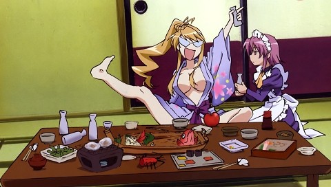 margery daw, wilhelmina carmel, shakugan no shana, lowres, non-web source, 00s, 2girls, breasts, chabudai, cleavage, drunk, food, japanese clothes, kimono, large breasts, maid, multiple girls, table, yukata