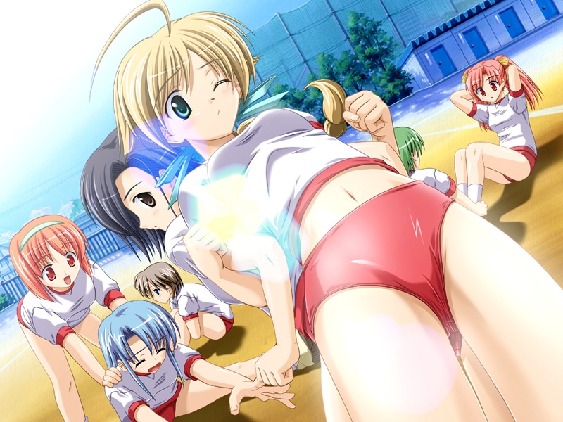 takapiko, kamina yuuki, presence, game cg, 6+girls, ahoge, assisted stretching, back-to-back, black hair, blonde hair, blue hair, braid, brown eyes, brown hair, buruma, closed eyes, dutch angle, exercising, female focus, green hair, gym uniform, lifting person, locked arms, long hair, multiple girls, one eye closed, outdoors, red eyes, red hair, short hair, sit-up, stretching, wink