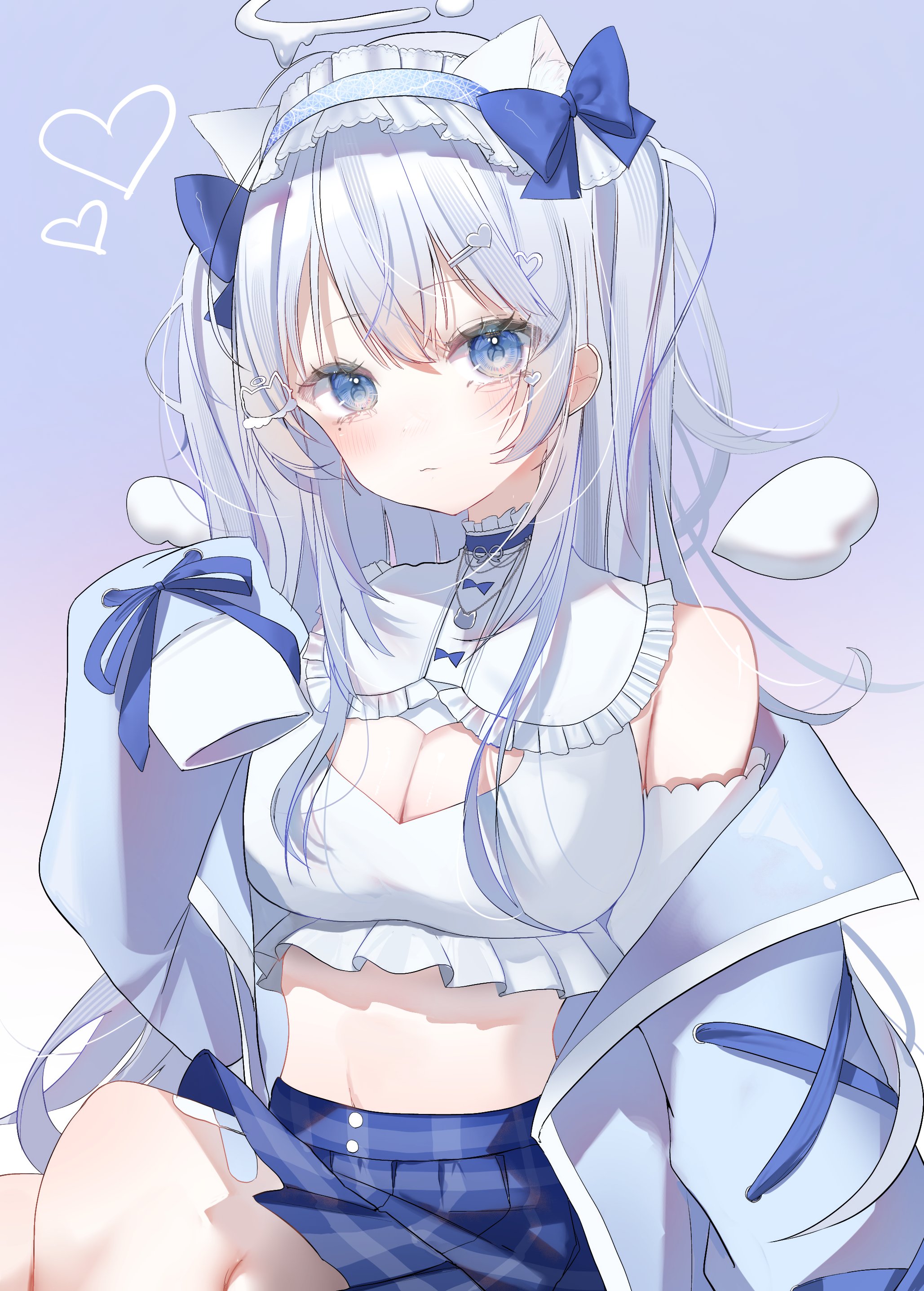 indie virtual youtuber, absurdres, highres, second-party source, 1girl, animal ears, bare shoulders, blue eyes, blue skirt, bow, breasts, cat ears, cleavage, cleavage cutout, closed mouth, clothing cutout, crop top, detached sleeves, extra ears, frilled shirt, frills, hair bow, halo, headdress, heart cutout, hiyoko 17, jacket, large breasts, long hair, looking at viewer, midriff, miniskirt, mole, mole under eye, navel, nekone uyu, off shoulder, open clothes, open jacket, pleated skirt, shirt, skirt, sleeveless, sleeveless shirt, sleeves past fingers, sleeves past wrists, solo, very long hair, virtual youtuber, white hair, white shirt