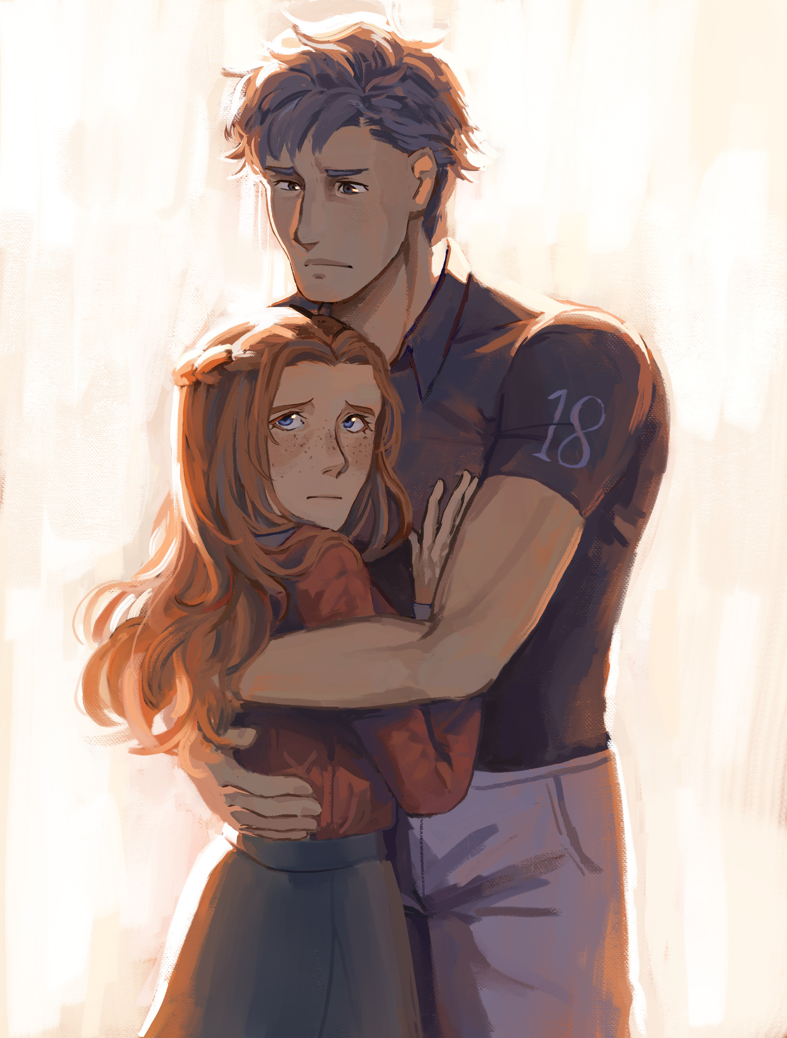 peachducy, diana (kyokugen dasshutsu), sigma (kyokugen dasshutsu), kyokugen dasshutsu, zero escape: toki no dilemma, commentary, english commentary, highres, 1boy, 1girl, black hair, black shirt, blue eyes, closed mouth, collared shirt, eyelashes, freckles, grey pants, hug, long hair, long sleeves, orange hair, pants, red sweater, shirt, short hair, short sleeves, skirt, sweater