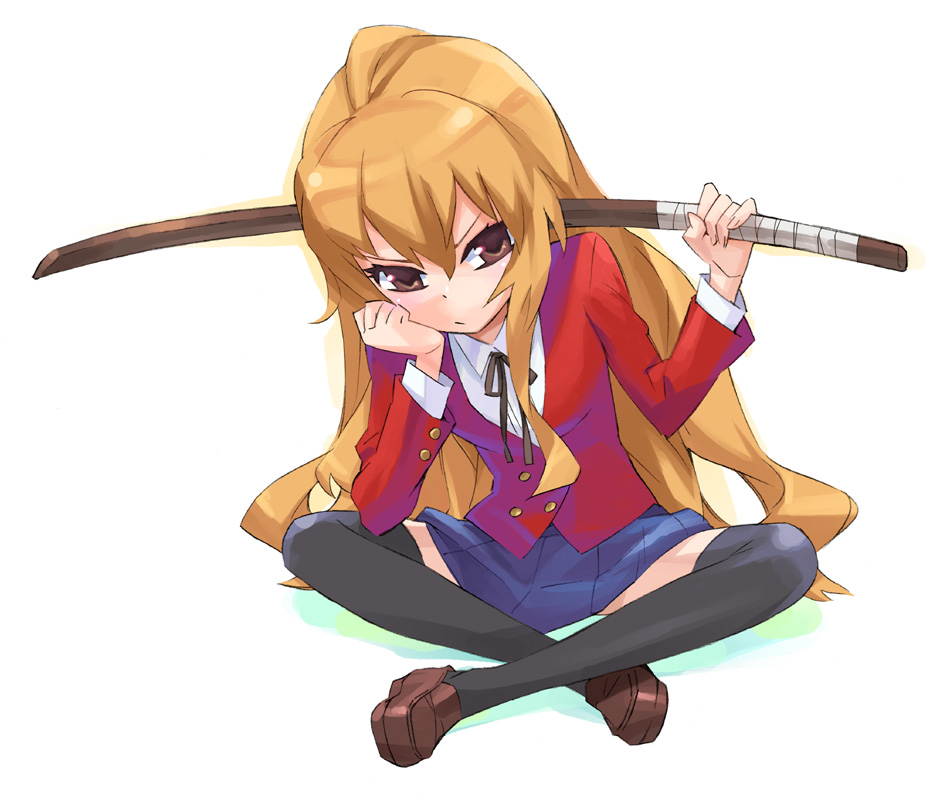 kakenore, aisaka taiga, toradora!, 00s, 1girl, brown eyes, brown hair, female focus, long hair, school uniform, serafuku, solo, thighhighs, very long hair