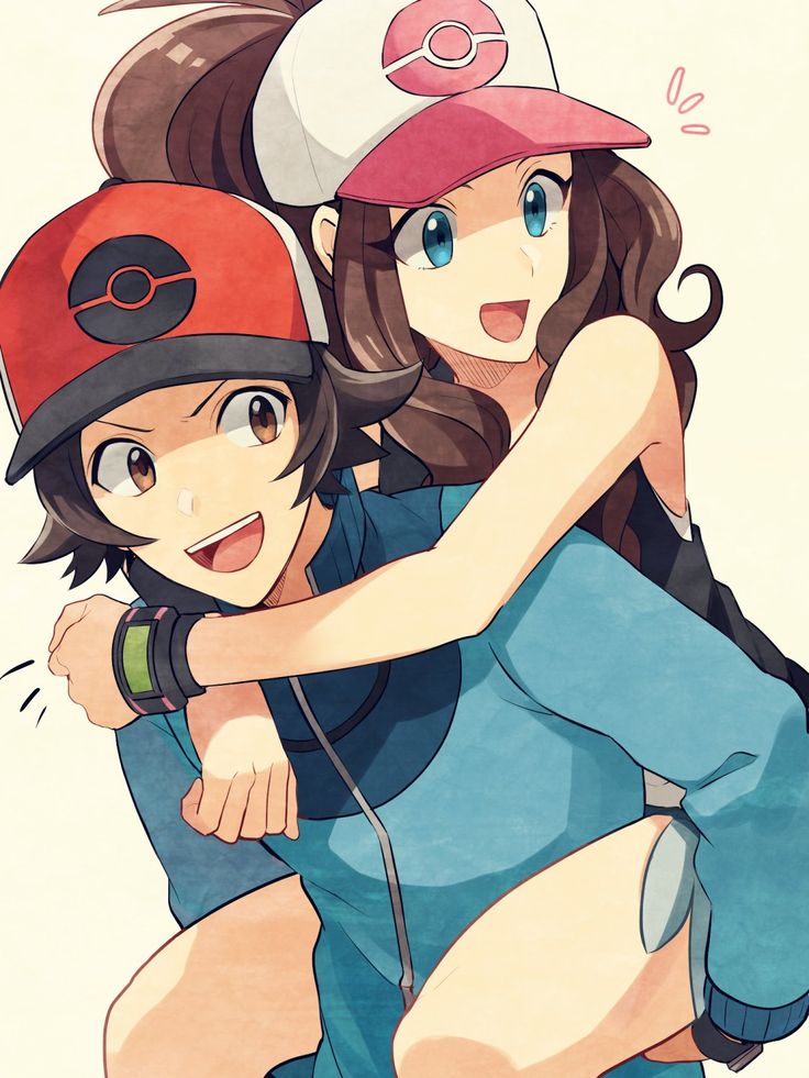 yukin (es), hilbert (pokemon), hilda (pokemon), nintendo, pokemon, pokemon bw, bad id, bad twitter id, 1boy, 1girl, baseball cap, blue eyes, blue jacket, brown eyes, brown hair, carrying, hat, jacket, open mouth, piggyback, smile, v-shaped eyebrows, xtransceiver