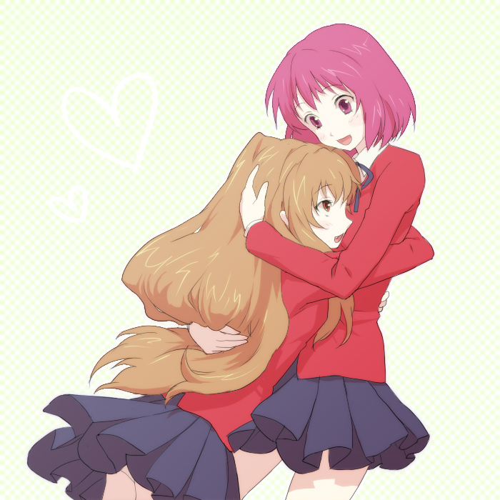 egawa satsuki, aisaka taiga, kushieda minori, toradora!, 00s, 2girls, brown eyes, brown hair, heart, hug, long hair, multiple girls, pink eyes, pink hair, polka dot, polka dot background, red hair, school uniform, serafuku, short hair, smile, yuri