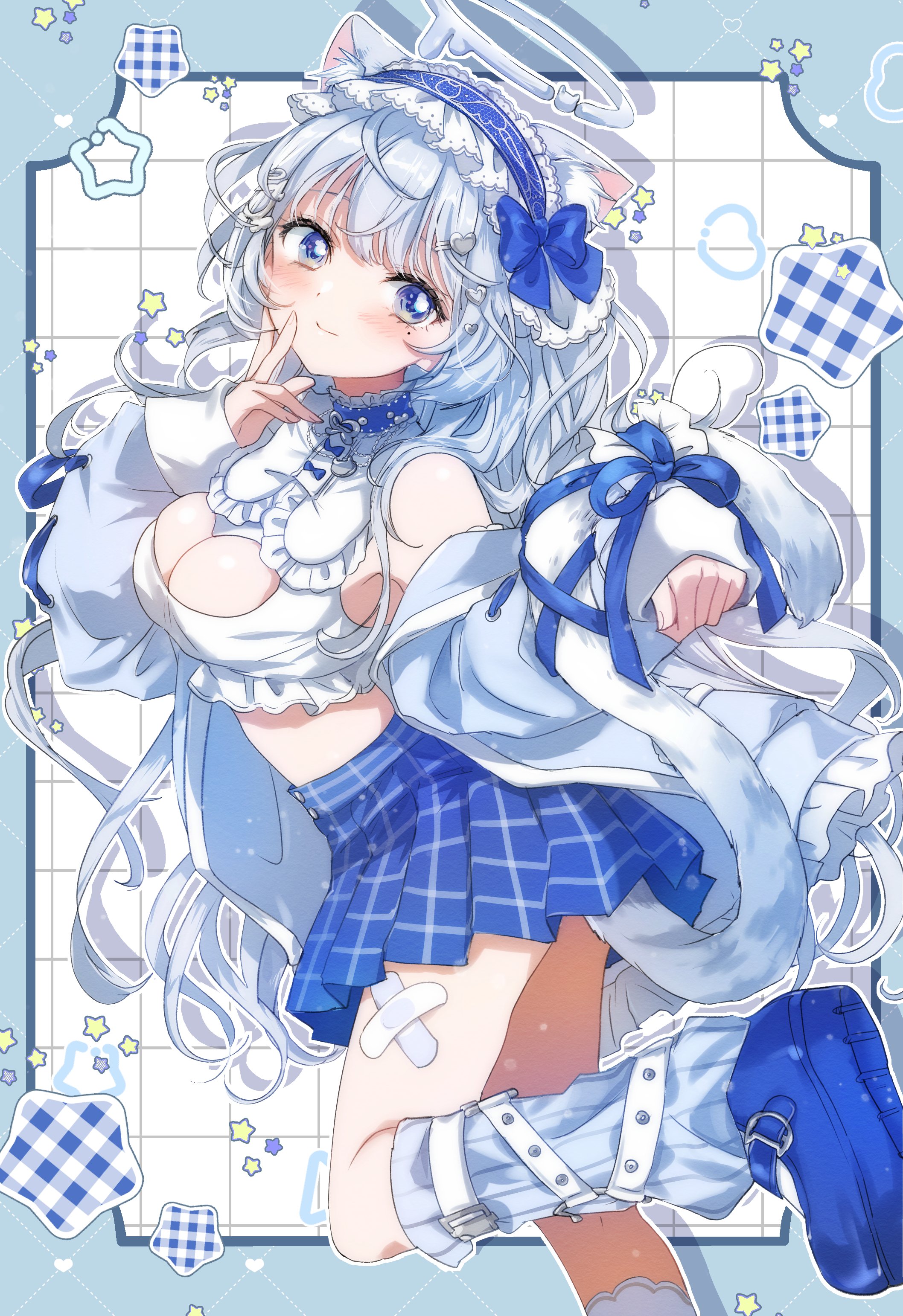 kklloo1, indie virtual youtuber, absurdres, highres, second-party source, 1girl, animal ears, bare shoulders, blue choker, blue eyes, blue jacket, blue shoes, blue skirt, breasts, cat ears, cat girl, cat tail, choker, cleavage, cleavage cutout, closed mouth, clothing cutout, crop top, frilled shirt, frills, from side, halo, headdress, heart cutout, high-waist skirt, jacket, kneehighs, large breasts, leg up, long hair, looking at viewer, mary janes, midriff, miniskirt, mole, mole under eye, nekone uyu, off shoulder, open clothes, open jacket, pleated skirt, ribbed socks, ribbon, shirt, shoes, skirt, sleeveless, sleeveless shirt, smile, socks, solo, tail, tail ornament, tail ribbon, v, very long hair, virtual youtuber, white hair, white shirt