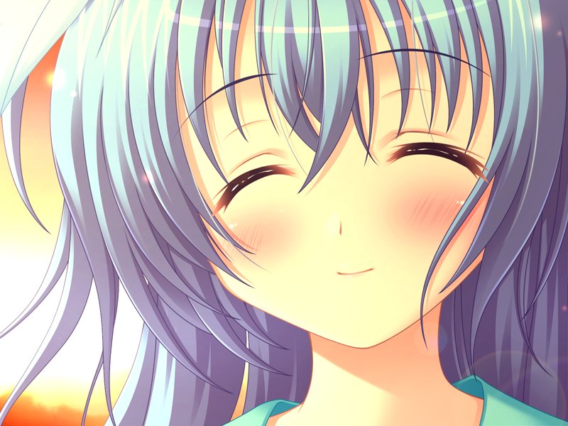 moritan, love kiss! anchor ~anata no kiss de tsukamaete~, game cg, 1girl, blue hair, blush, closed eyes, female focus, long hair, smile, solo