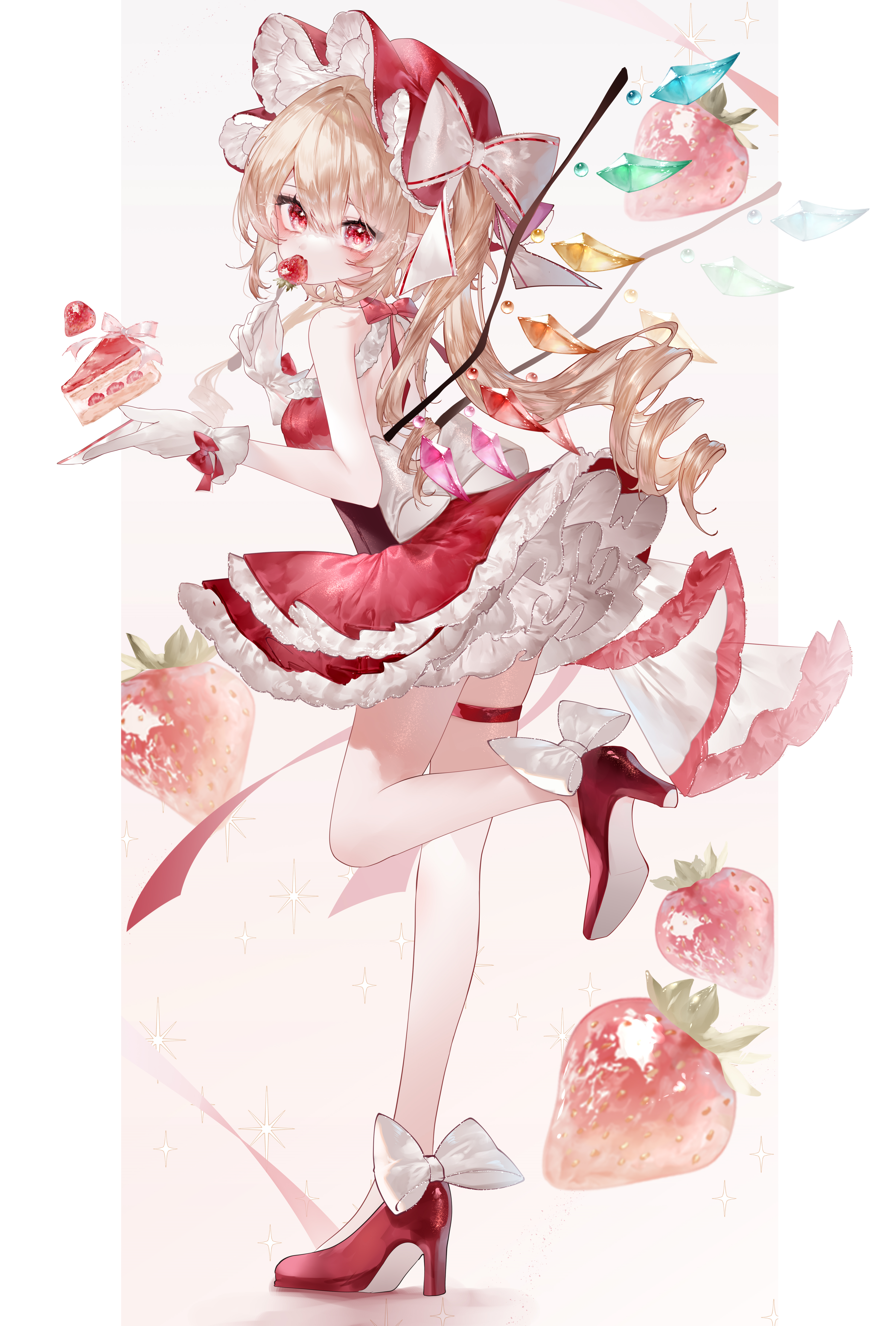 yukia (yukia 777), flandre scarlet, touhou, absurdres, commentary request, highres, 1girl, alternate costume, alternate headwear color, back bow, back cutout, bare shoulders, blonde hair, bow, cake, cake slice, clothing cutout, crystal, crystal wings, dress, eating, fang, food, food in mouth, frills, from side, fruit, full body, gloves, hair between eyes, hat, hat bow, high heels, holding, holding plate, leg up, long hair, looking at viewer, mob cap, multicolored wings, plate, pointy ears, red dress, red eyes, red hat, red shoes, shoes, side ponytail, skin fang, sleeveless, sleeveless dress, solo, standing, standing on one leg, strawberry, strawberry shortcake, thigh strap, very long hair, white bow, white gloves, wings