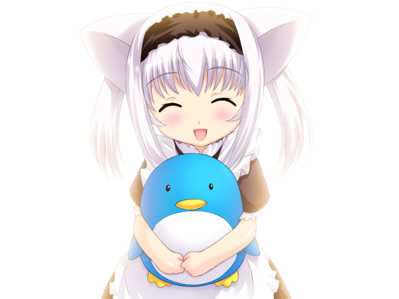 fujimiya rin, yokubari saboten, game cg, 1girl, ^ ^, animal ears, bird, blush, closed eyes, female focus, hairband, holding, penguin, smile, solo