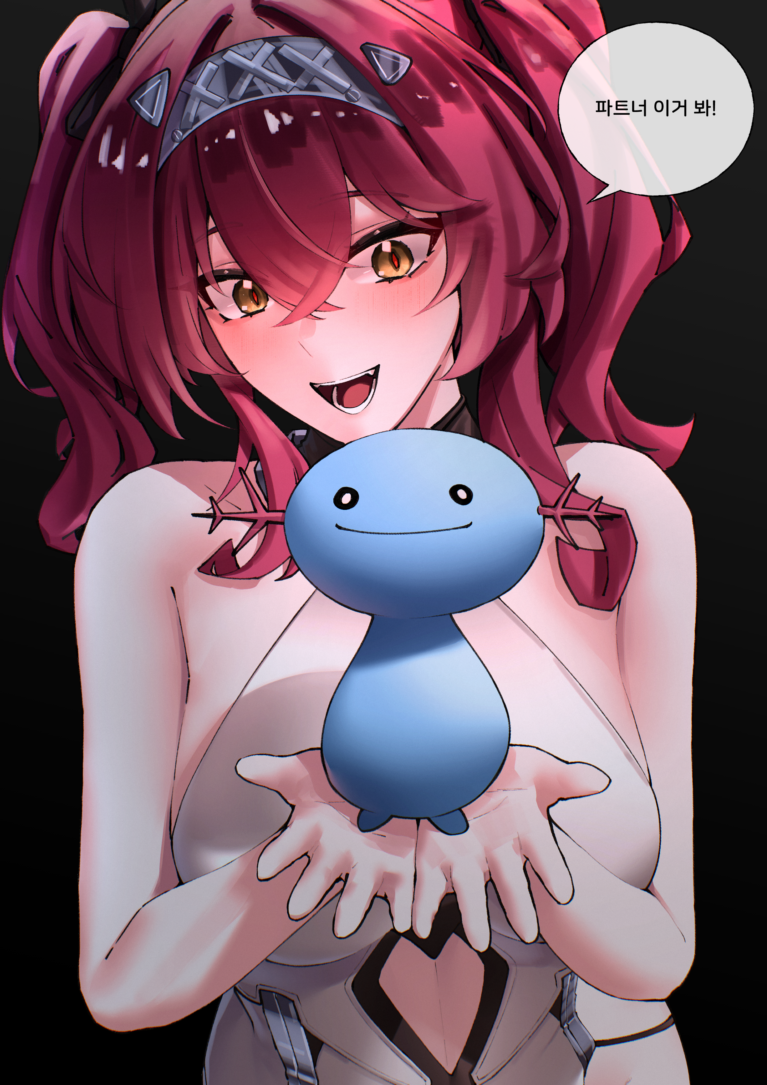 pyeong il, lupa (wuthering waves), wooper, nintendo, pokemon, wuthering waves, absurdres, commentary request, highres, korean commentary, translation request, bare shoulders, blush, breasts, collar, gen 2 pokemon, hair between eyes, hairband, holding, large breasts, long hair, looking at viewer, metal collar, metal hairband, open mouth, pink hair, red pupils, smile, upper body, yellow eyes