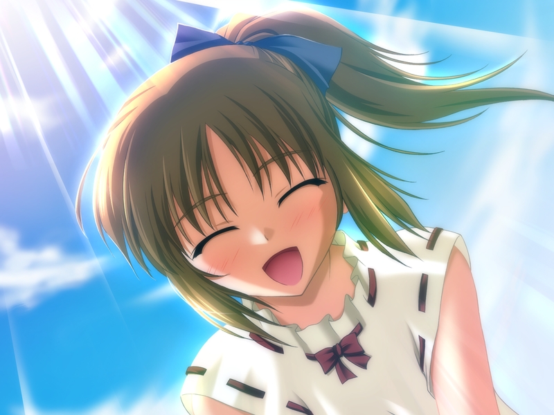 nanao naru, wakabayashi mie, suika (visual novel), game cg, 00s, 1girl, aged down, bow, brown hair, closed eyes, cloud, day, female focus, hair bow, open mouth, ponytail, sky, smile, solo