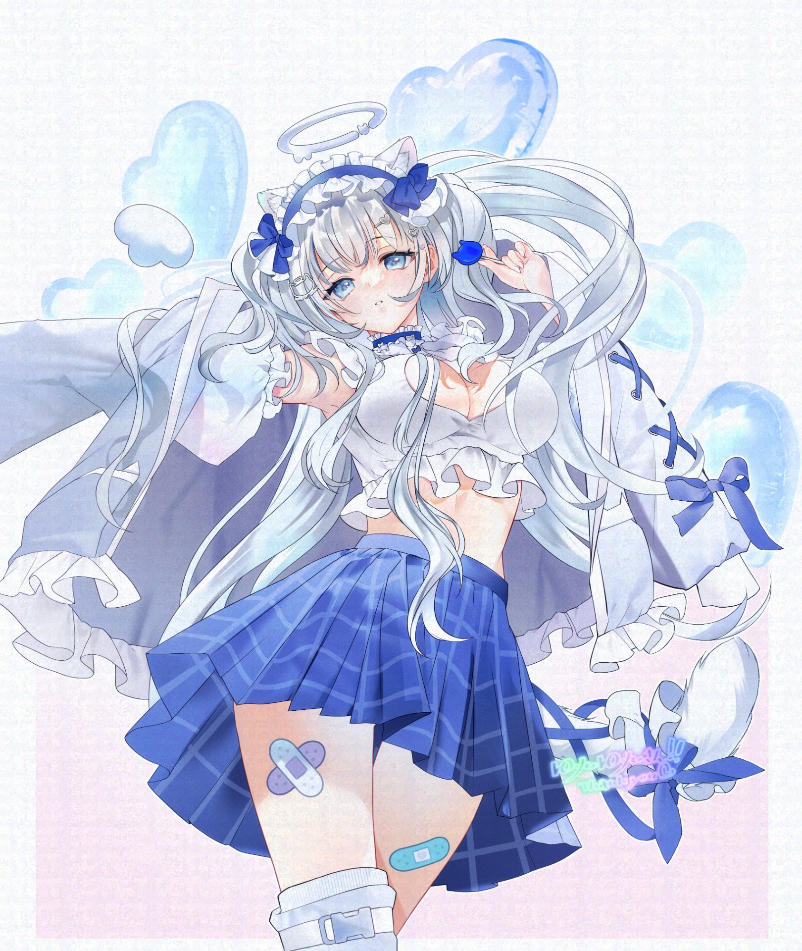 indie virtual youtuber, highres, second-party source, 1girl, ak24417401, armpits, balloon, bandaid, blue choker, blue eyes, blue skirt, breasts, candy, choker, cleavage, cleavage cutout, clothing cutout, crop top, detached sleeves, food, frilled shirt, frills, halo, hand up, headdress, heart balloon, heart cutout, high-waist skirt, holding, holding candy, holding food, holding lollipop, jacket, large breasts, lollipop, long hair, looking at viewer, midriff, mole, mole under eye, nekone uyu, open clothes, open jacket, outstretched arm, parted lips, pleated skirt, shirt, single thighhigh, skirt, sleeveless, sleeveless shirt, solo, thighhighs, thighs, two side up, virtual youtuber, white hair, white shirt