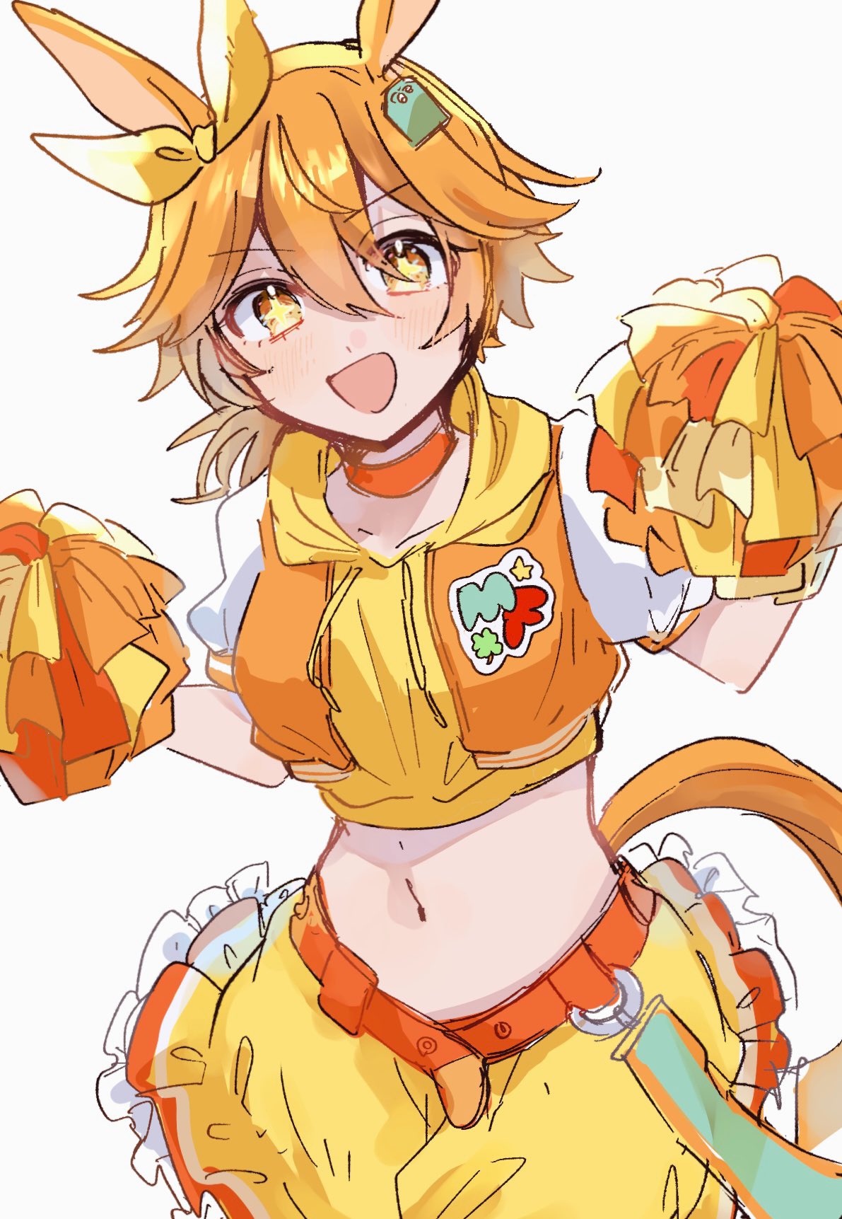 mia umauma, matikanefukukitaru (umamusume), umamusume, highres, + +, 1girl, alternate costume, animal ears, belt, blush, bow, breasts, cheerleader, choker, cropped hoodie, cropped jacket, ear bow, ear ornament, hair between eyes, hair ornament, holding, holding pom poms, hood, hoodie, horse ears, horse girl, horse tail, jacket, looking at viewer, midriff, navel, open clothes, open jacket, open mouth, orange choker, orange hair, orange jacket, pom pom (cheerleading), pom poms, short hair, simple background, skirt, smile, solo, tail, white background, yellow hoodie, yellow skirt