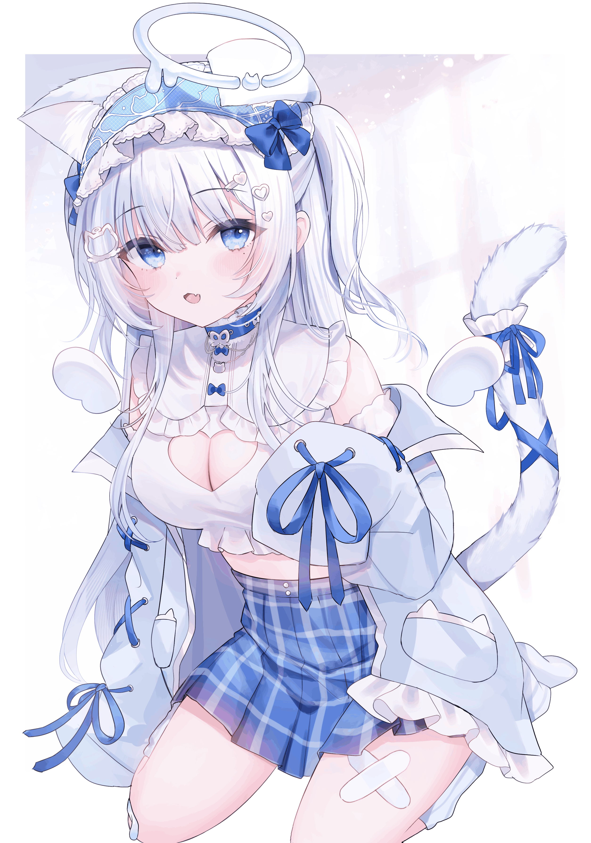 rucaco, indie virtual youtuber, absurdres, commentary request, commission, highres, second-party source, skeb commission, 1girl, animal ears, blue bow, blue hairband, blue jacket, blue ribbon, blue skirt, blurry, blurry background, bow, breasts, cat ears, cat girl, cat hair ornament, cat tail, cleavage, cleavage cutout, clothing cutout, crop top, crossed bandaids, depth of field, fang, frilled hairband, frills, grey hair, hair ornament, hairband, hand up, heart, heart cutout, heart hair ornament, jacket, long sleeves, looking at viewer, loose socks, midriff, mole, mole under eye, nekone uyu, off shoulder, open clothes, open jacket, open mouth, plaid clothes, plaid skirt, pleated skirt, ribbon, seiza, shirt, sitting, skirt, sleeves past fingers, sleeves past wrists, socks, solo, tail, tail ornament, tail ribbon, virtual youtuber, white shirt, white socks, window