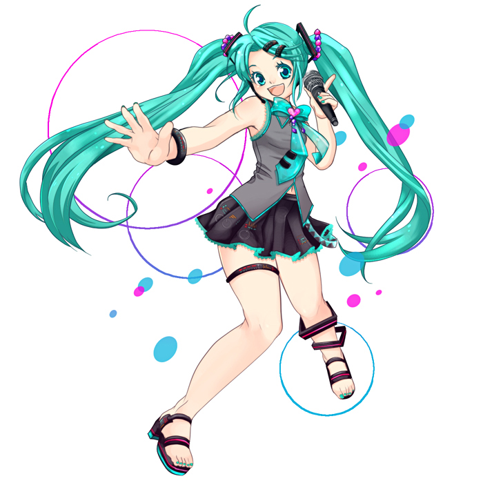 shinryo, shinryou rei, hatsune miku, vocaloid, 1girl, aqua eyes, aqua hair, aqua nails, female focus, long hair, microphone, nail polish, navel, sandals, skirt, solo, toenail polish, toenails, twintails, very long hair