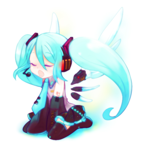 shinryo, shinryou rei, hatsune miku, vocaloid, lowres, blue hair, chibi, closed eyes, headset, kneeling, microphone, solo, thighhighs, wings
