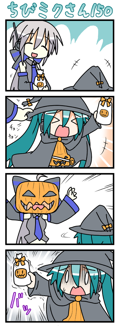 minami (colorful palette), chibi miku, hatsune miku, yowane haku, vocaloid, long image, tall image, > <, 0 0, 4koma, chibi, closed eyes, comic, halloween, hat, jack-o'-lantern, pumpkin, silent comic, witch hat