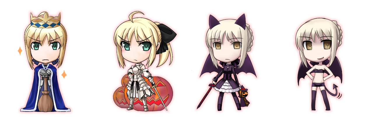 sugar (sugarless), artoria pendragon (fate), saber (fate), saber alter, saber alter (gothic lolita), saber lily, capcom, fate/stay night, fate/unlimited codes, fate (series), 00s, 1girl, animal ears, broom, cape, cat ears, cat tail, chibi, excalibur (fate/stay night), excalibur morgan (fate), green eyes, halloween, jack-o'-lantern, pantyhose, pumpkin, ribbon, sword, tail, thighhighs, weapon, wings, yellow eyes