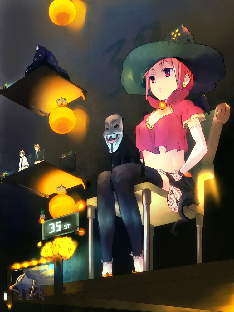 iku ki, kiraku, guy fawkes, kaonashi, lynette bishop, minna-dietlinde wilcke, miyafuji yoshika, sen to chihiro no kamikakushi, strike witches, v for vendetta, world witches series, bad id, bad pixiv id, 00s, 3girls, bat wings, cat, crossover, demon tail, earrings, guy fawkes mask, halloween, hat, jewelry, mask, mole, mole under eye, multiple girls, red eyes, red hair, tail, thighhighs, what, wings, witch, witch hat
