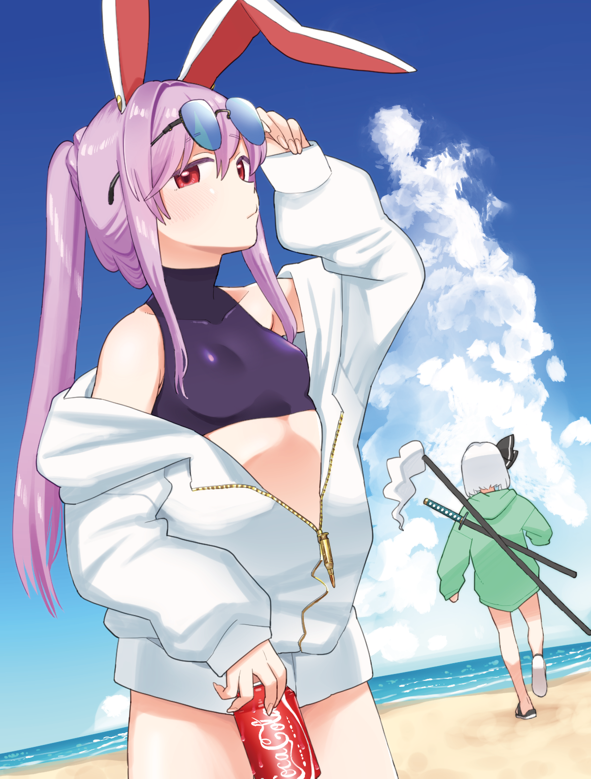 koyama shigeru, konpaku youmu, konpaku youmu (ghost), reisen udongein inaba, coca-cola, touhou, highres, 2girls, animal ears, bare legs, bare shoulders, beach, bikini, black ribbon, blue-tinted eyewear, blue eyes, breasts, can, closed mouth, covered collarbone, crop top, eyewear on head, green hoodie, green jacket, hair ribbon, holding, holding can, hood, hoodie, jacket, katana, long sidelocks, multiple girls, ocean, open clothes, open jacket, outdoors, partially open jacket, ponytail, purple hair, rabbit ears, red eyes, ribbon, sidelocks, slippers, sunglasses, swimsuit, sword, sword on back, tankini, tinted eyewear, turtleneck, weapon, weapon on back, white hair, white jacket