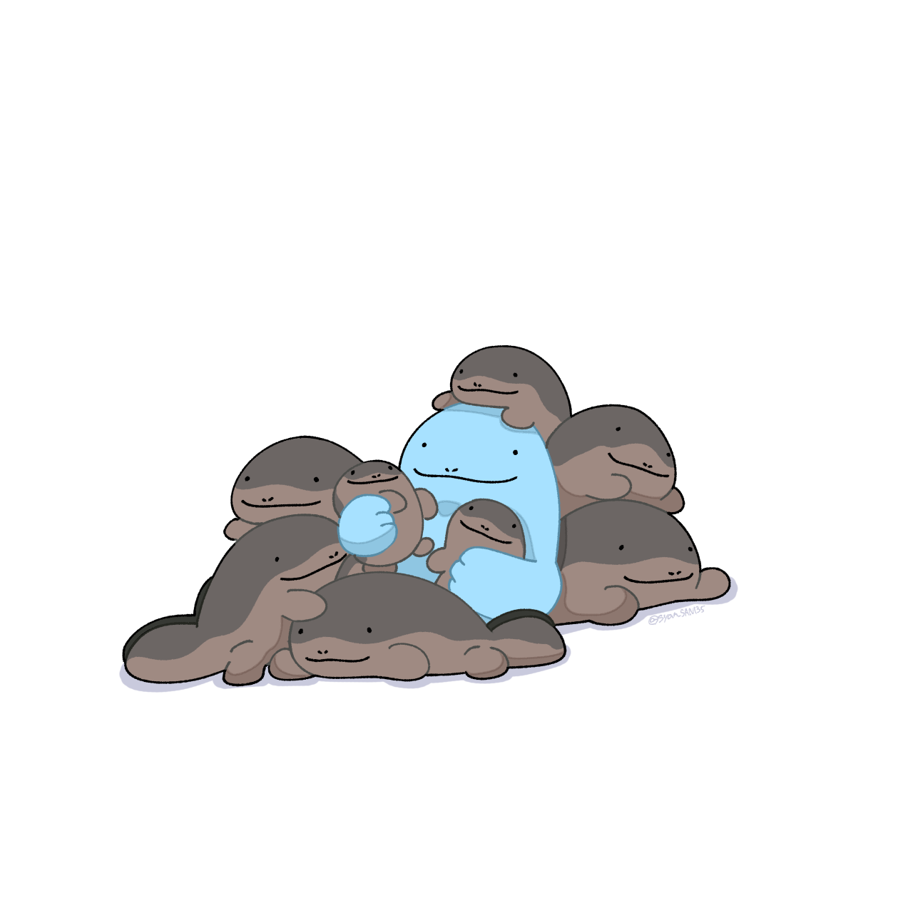 syan san135, clodsire, quagsire, nintendo, pokemon, commentary request, highres, . ., character doll, closed mouth, doll, gen 2 pokemon, holding, holding stuffed toy, no humans, nostrils, pokemon (creature), pokemon focus, simple background, smile, solo, stuffed toy, white background