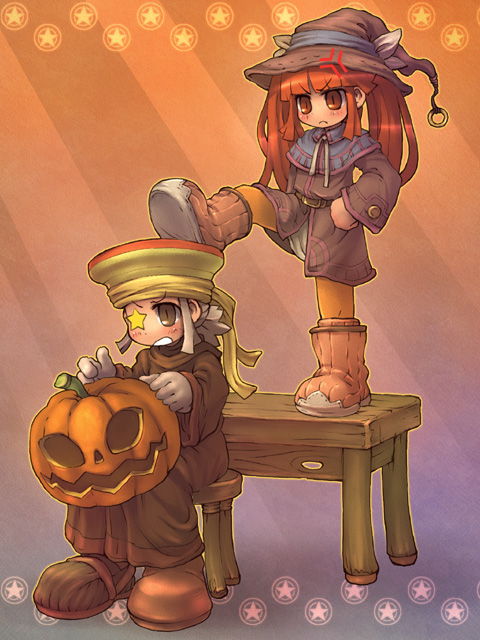 sankuma, mint (dewprism), rue, rue (dewprism), dewprism, 1boy, 1girl, anger vein, boots, jack-o'-lantern, kicking, knee boots, pantyhose, pumpkin