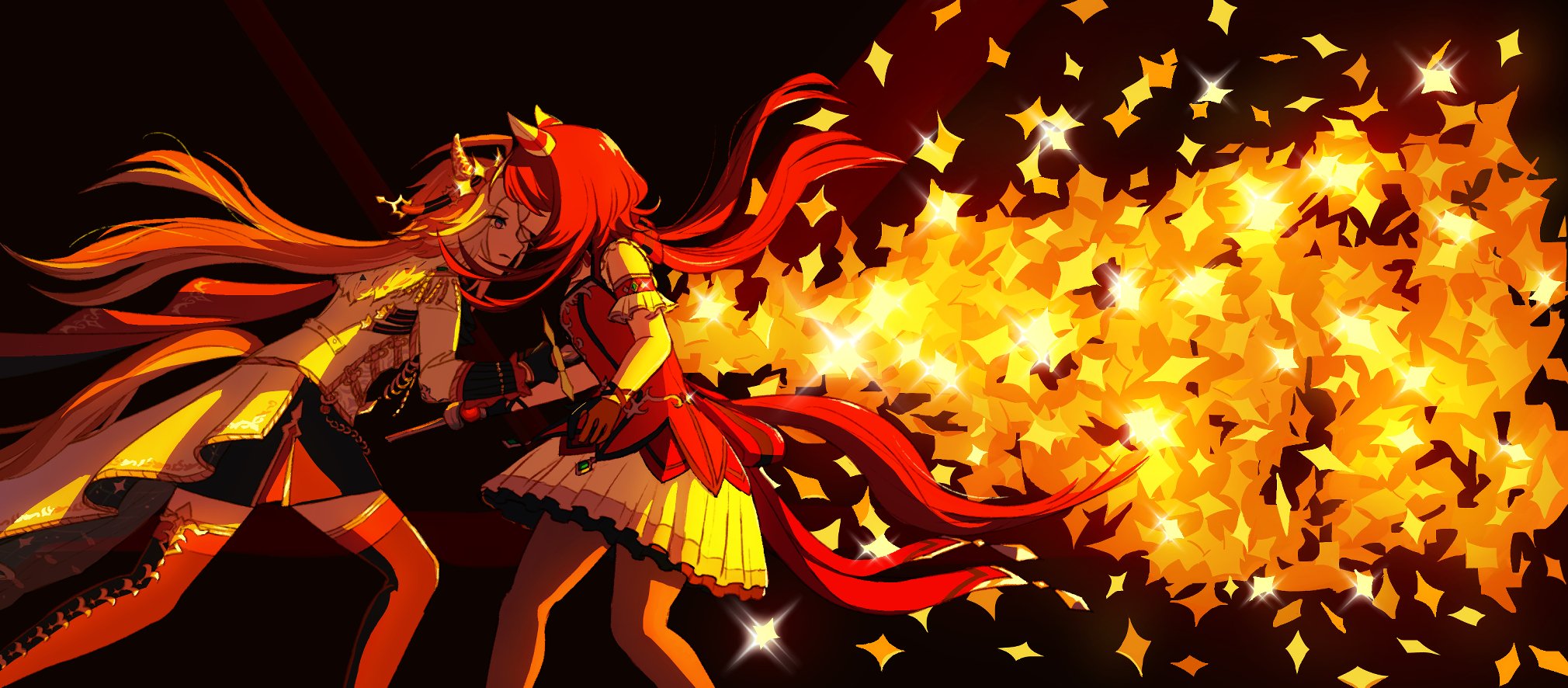 frographite, orfevre (control) (umamusume), orfevre (umamusume), win variation (dramatic tutu) (umamusume), win variation (umamusume), shoujo kageki revue starlight, umamusume, highres, 2girls, animal ears, black gloves, black thighhighs, brown hair, closed mouth, coat, dress, ear covers, gloves, hair intakes, holding, holding sword, holding weapon, horse ears, horse girl, horse tail, jacket, long hair, long sleeves, looking at another, low twintails, multicolored hair, multiple girls, orange hair, pantyhose, purple eyes, red dress, red hair, red thighhighs, single ear cover, sword, tail, thighhighs, twintails, two-tone hair, weapon, white coat, white dress, white hair