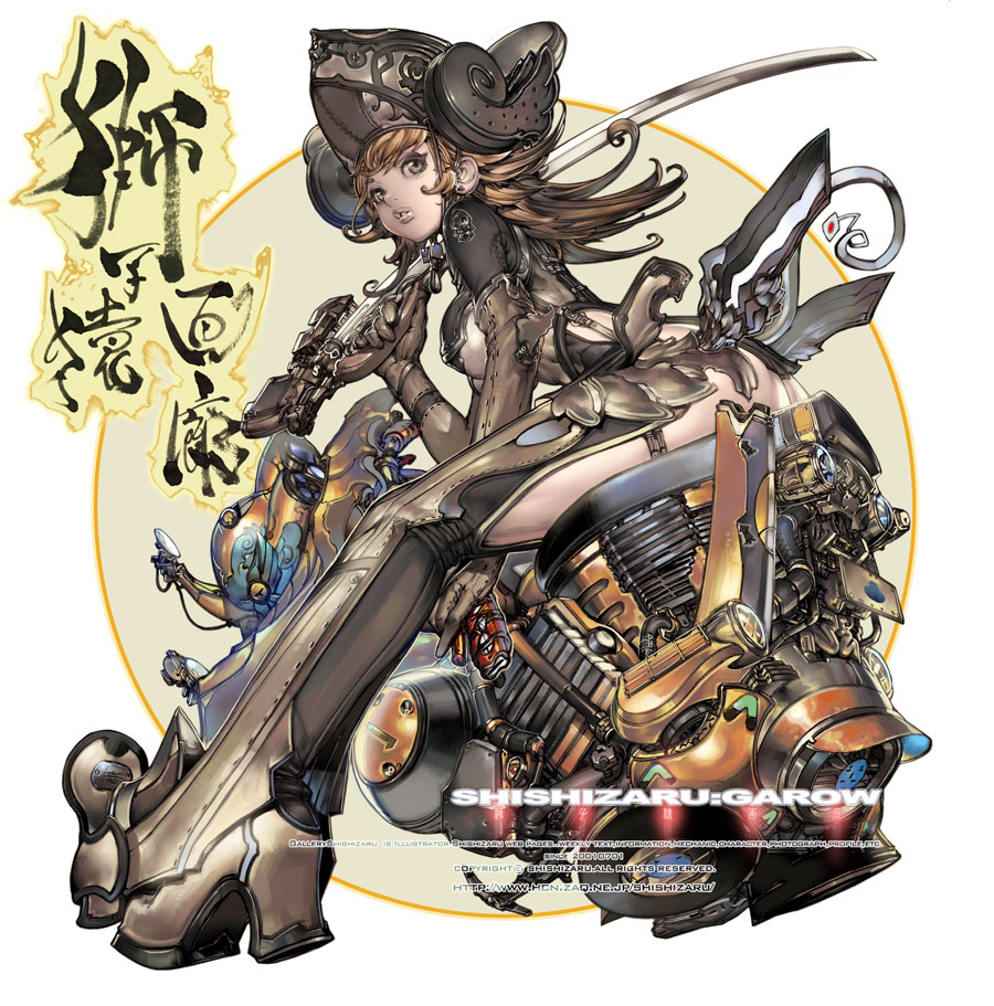 shishizaru, original, vehicle, 1girl, brown eyes, brown hair, female focus, gloves, hat, hover bike, long hair, motor vehicle, motorcycle, sitting, solo, sword, weapon