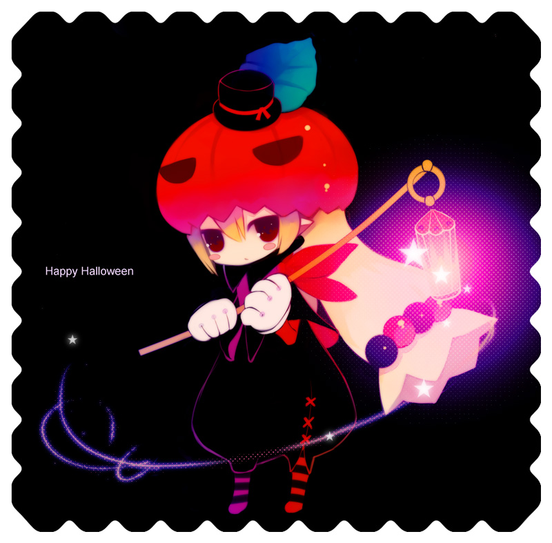puti devil, original, 1girl, black background, blonde hair, female focus, halloween, happy halloween, hat, jack-o'-lantern, lamp, long hair, low-tied long hair, no nose, pumpkin, pumpkin hat, red eyes, solo