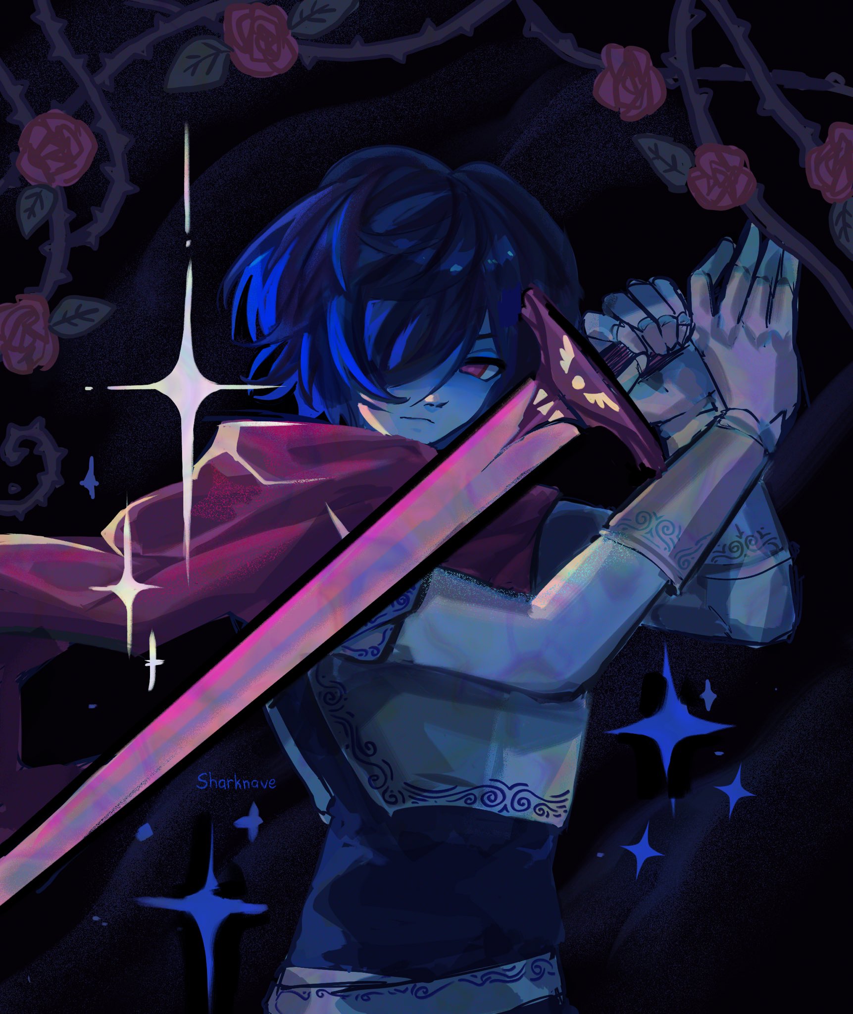 kannonkaza, kris (dark world) (deltarune), kris (deltarune), deltarune, utdr (toby fox), commentary, english commentary, highres, 1other, armor, armored gloves, art program in frame, blue hair, blue skin, cape, closed mouth, colored skin, cowboy shot, flower, hair over one eye, holding, holding sword, holding weapon, other focus, pink cape, plant, red eyes, red flower, red rose, rose, short hair, signature, solo, sword, thorns, vines, weapon