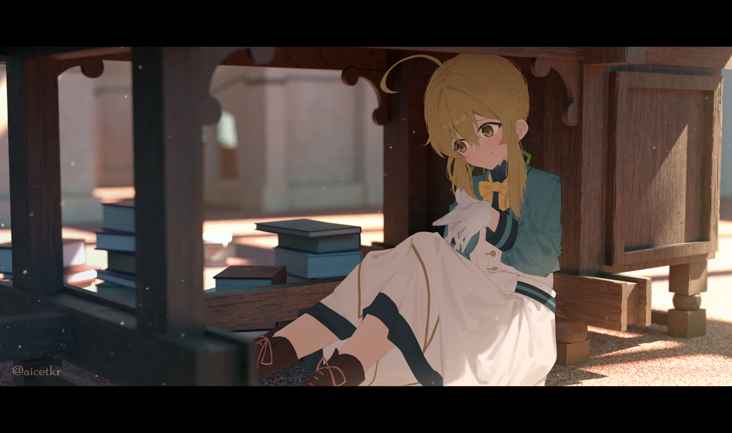 aisu (aicetkr), monica everett, silent witch, highres, 1girl, ahoge, aqua jacket, averting eyes, blush, book, book stack, boots, brown boots, brown eyes, brown hair, closed mouth, eyebrows hidden by hair, fidgeting, flat chest, from side, gloves, hair between eyes, hiding, jacket, knee up, medium hair, sitting, skirt, solo, under table, white gloves, white skirt