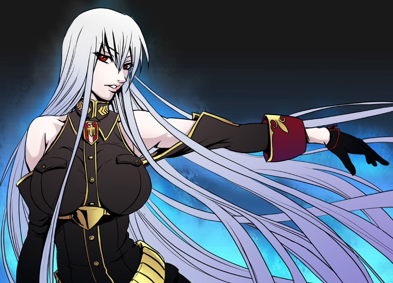 karee oshou, selvaria bles, senjou no valkyria, senjou no valkyria (series), senjou no valkyria 1, silver hair, 00s, bare shoulders, breasts, detached sleeves, gloves, huge breasts, long hair, red eyes, solo
